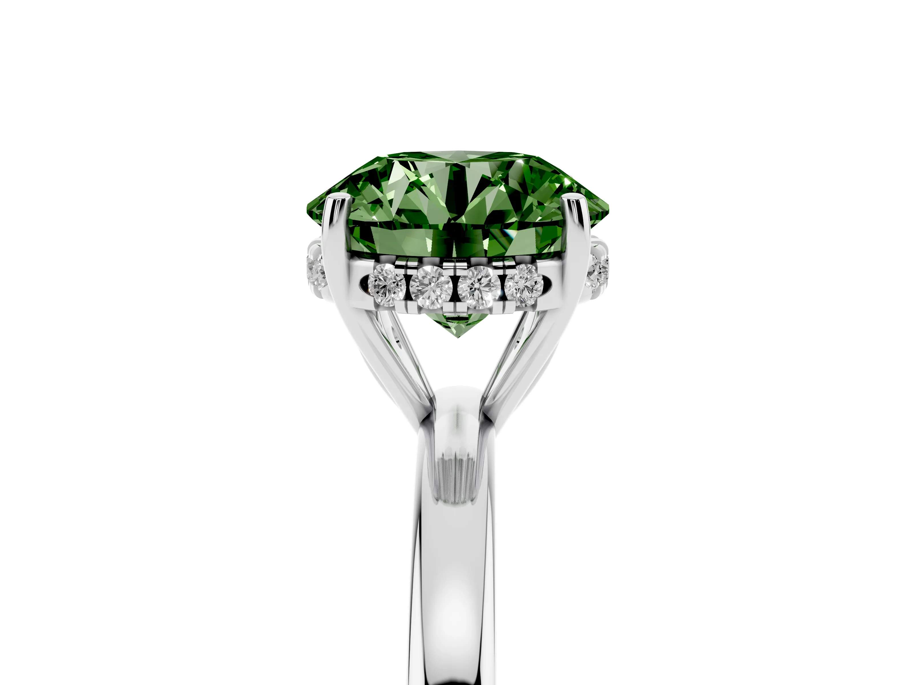 Fancy Green Round Cut Diamond Solitaire Ring Set in White gold with Plain Band and Prong Setting