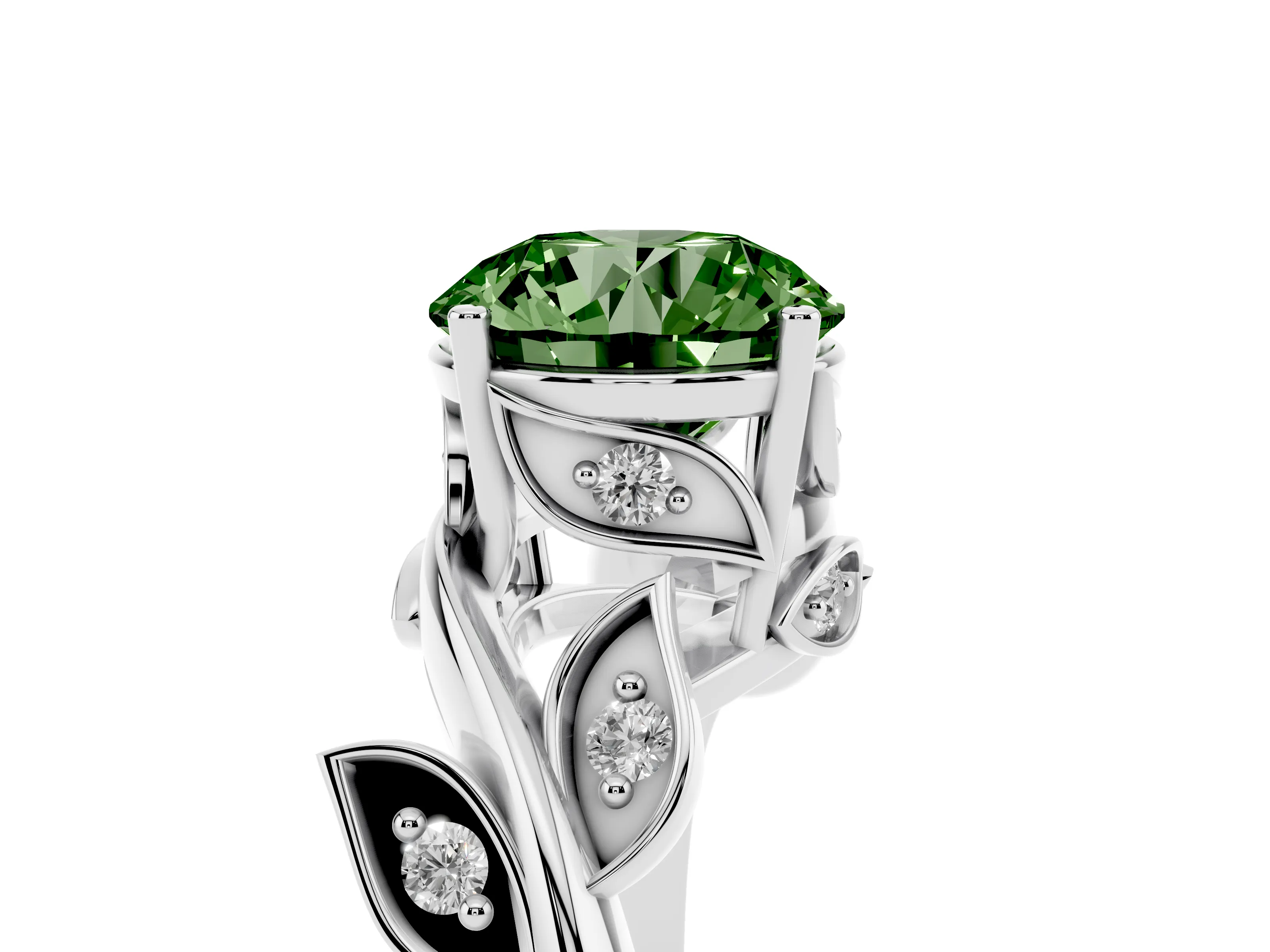 Fancy Green Round Cut Diamond Solitaire Twist Engagement Ring Set in Silver with Pavé Leaf Accents