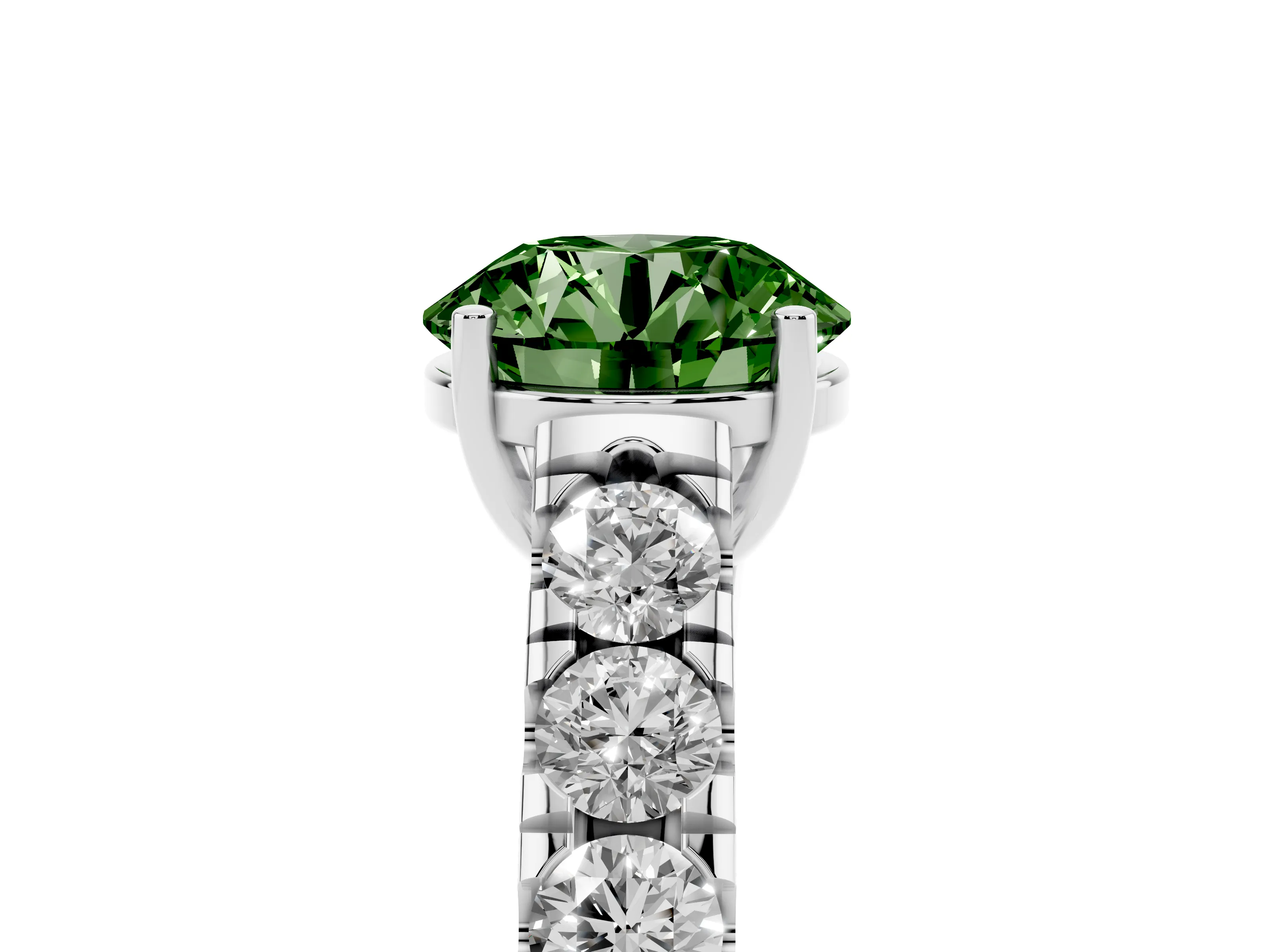 Fancy Green Round Cut Diamond Solitaire Ring Set in Platinum with Cut-Down Micro Pavé Band and Prong Setting