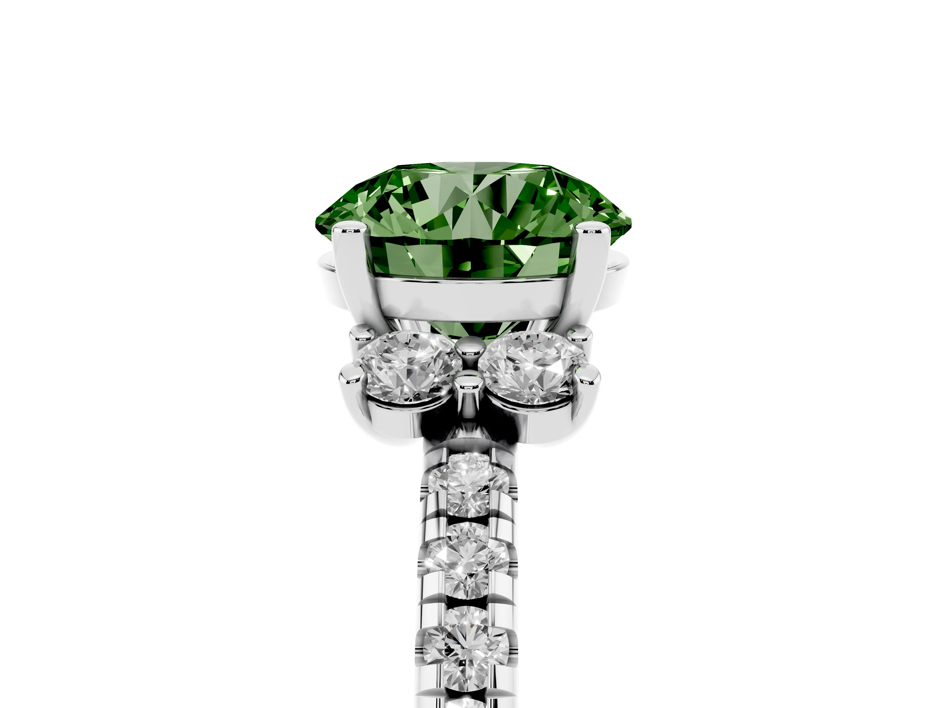 Fancy Green Round Cut Diamond Three-Stone Pavé Ring Set in White gold with Prong Setting