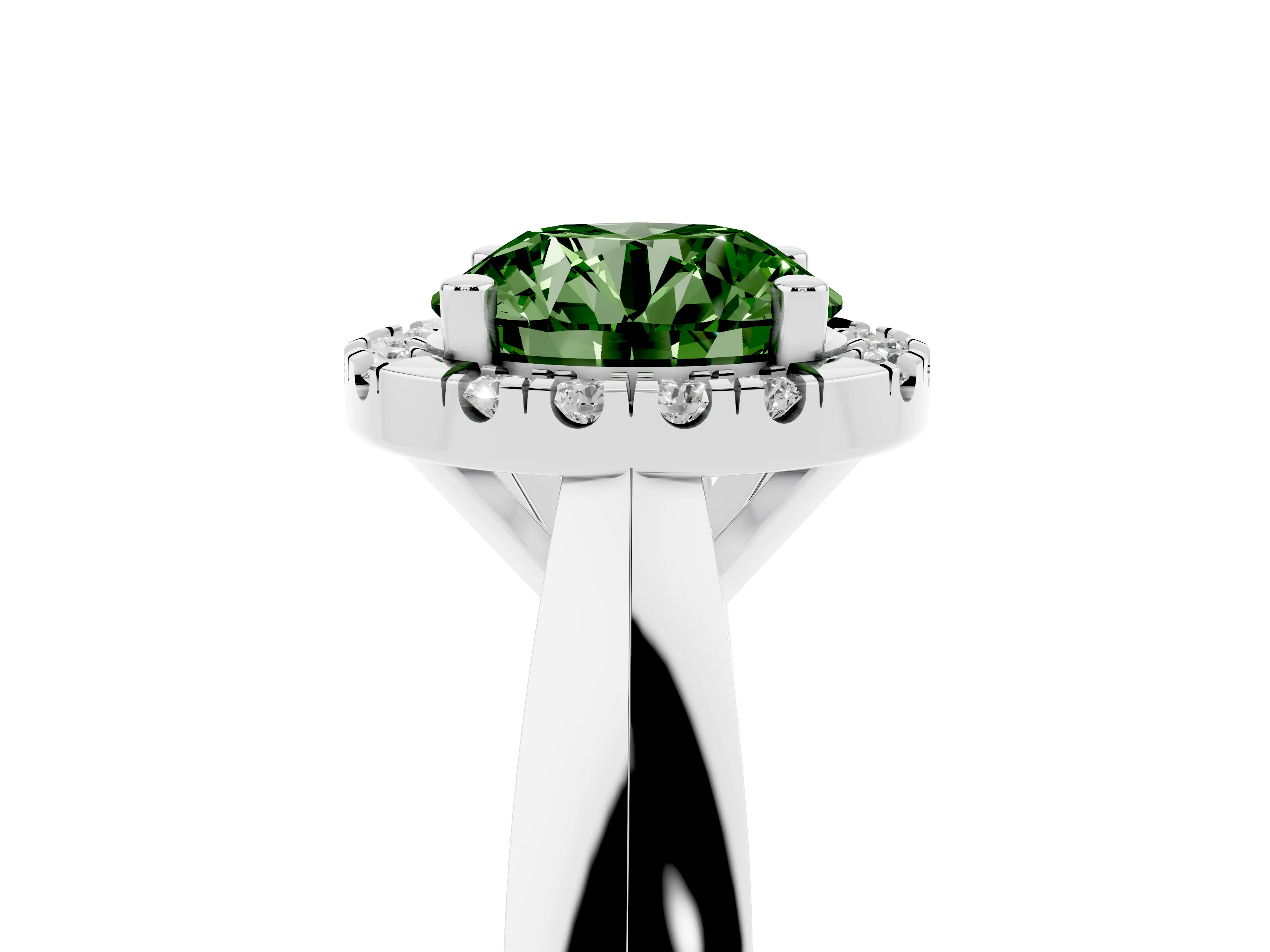 Fancy Green Round Cut Diamond Halo Solitaire Engagement Ring Set in Silver with Square Band and Prong Setting