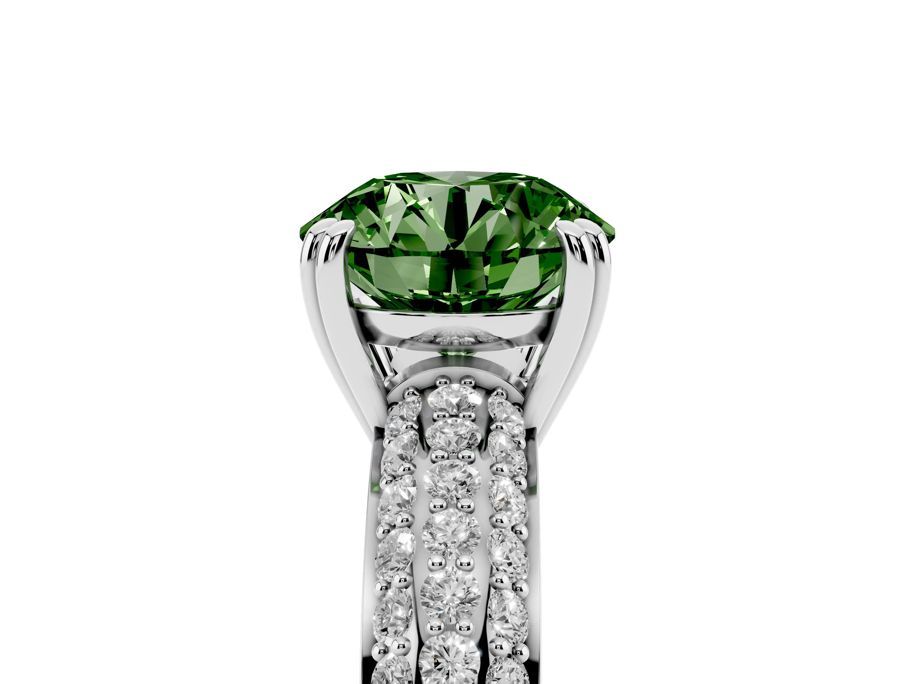 Fancy Green Round Cut Diamond Solitaire Ring Set in Silver with Multi-Row Round Pavé Band and Prong Setting