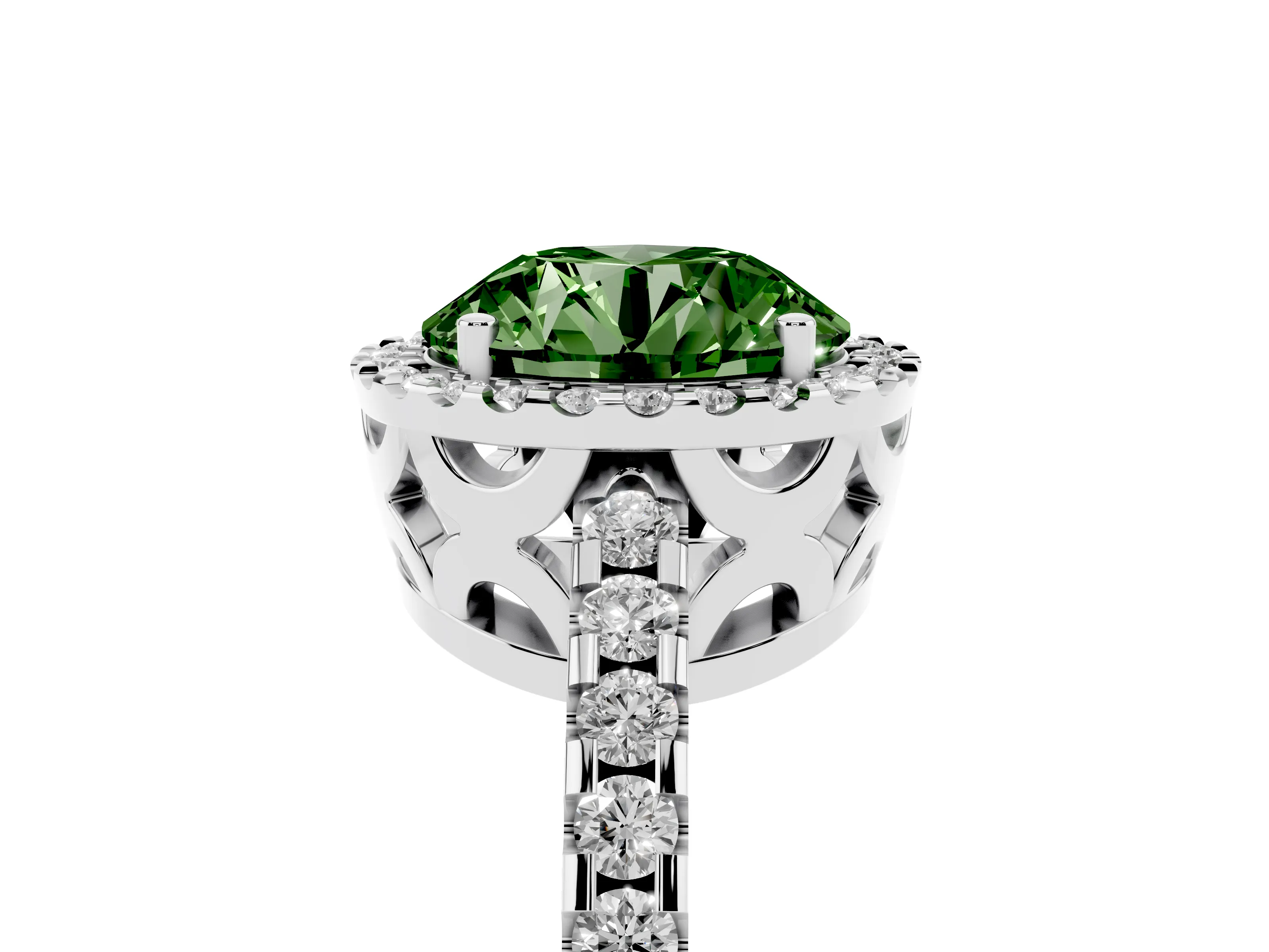 Fancy Green Round Cut Diamond Halo Ring Set in Platinum with Pavé Shoulders and Halo-Framed Center