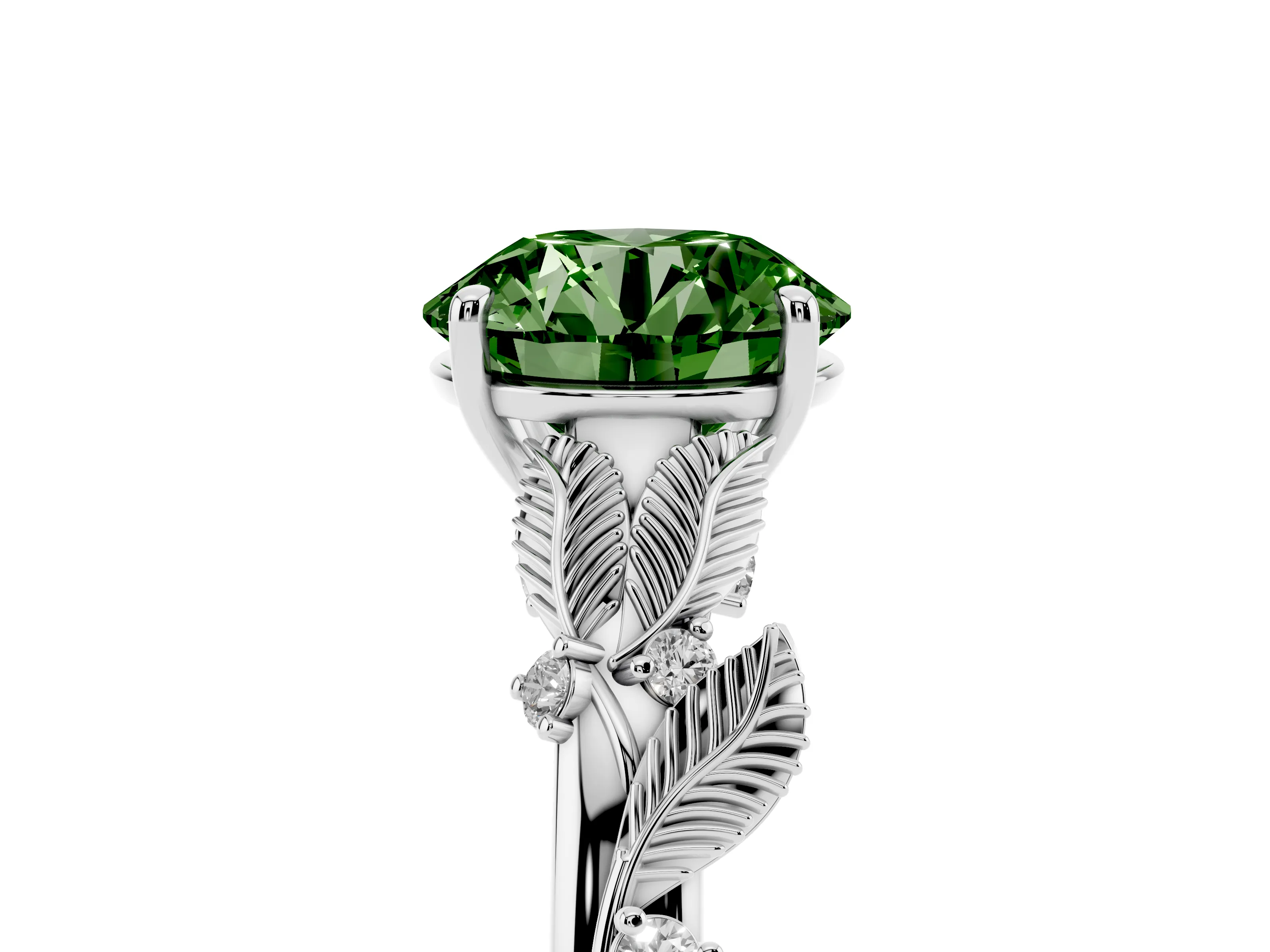 Fancy Green Round Cut Diamond Solitaire Ring Set in Silver with Leaf Motif Band