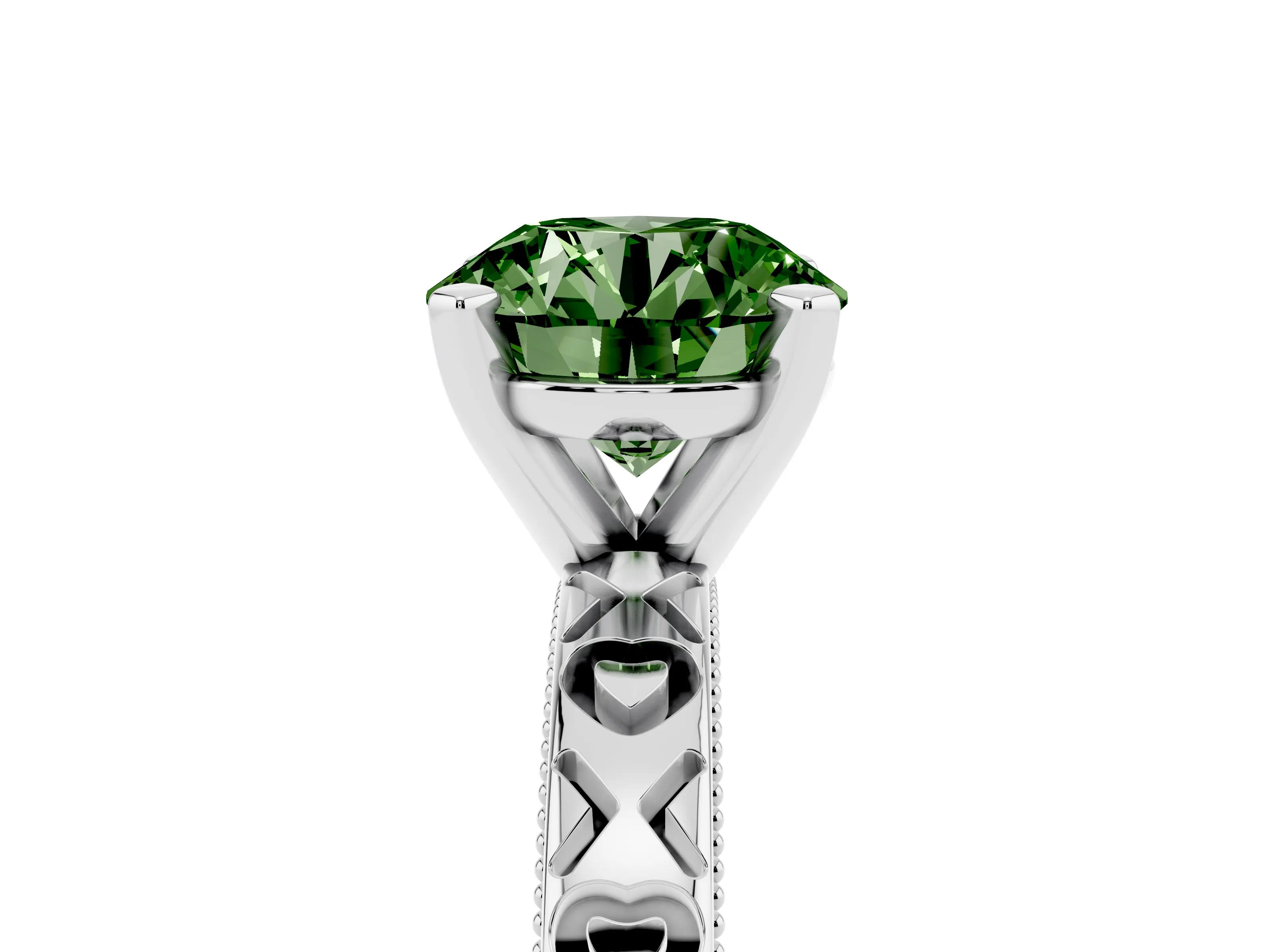 Fancy Green Round Cut Diamond Solitaire Engagement Ring Set in White gold with XO Engraved Band and Prong Setting
