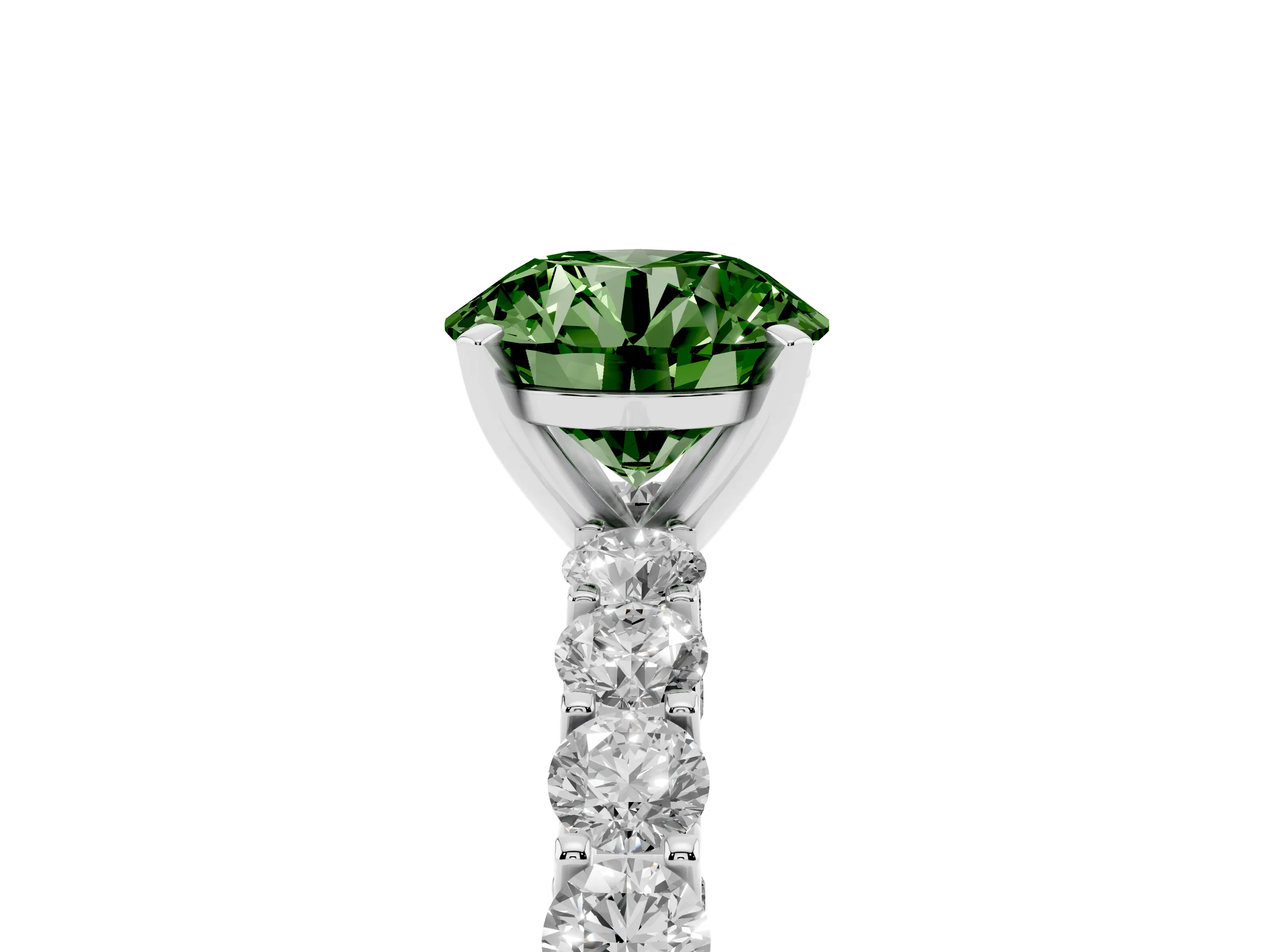 Fancy Green Round Cut Diamond Solitaire Ring Set in Silver with Shared Prong Pavé Band