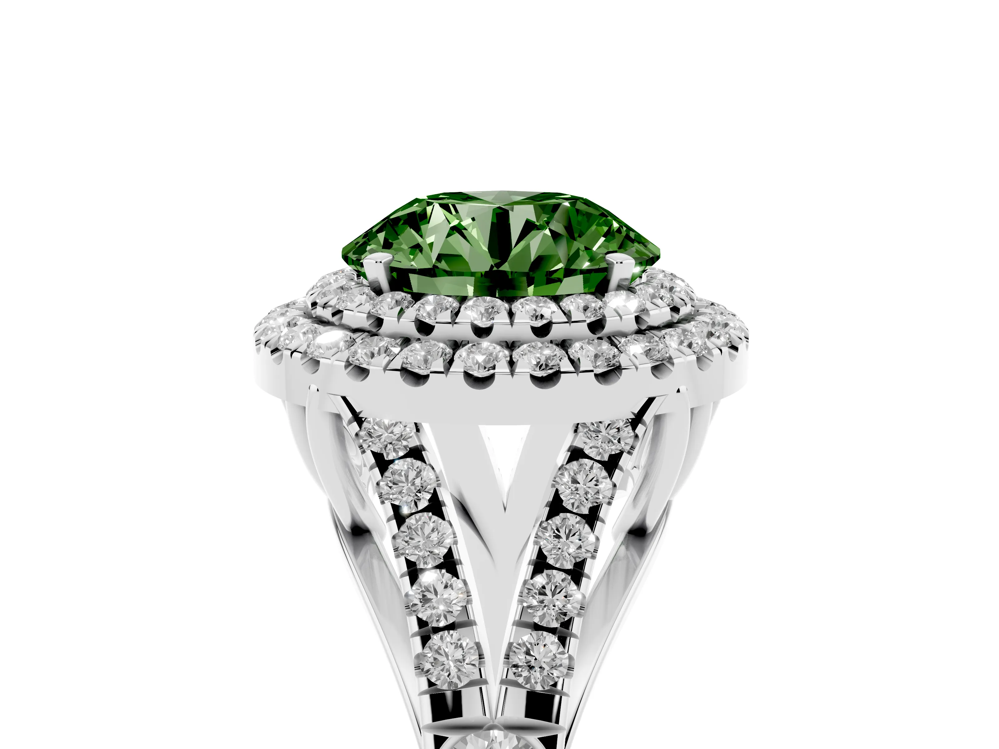 Fancy Green Round Cut Diamond Pavé Split Shank Double Halo Engagement Ring Set in Platinum