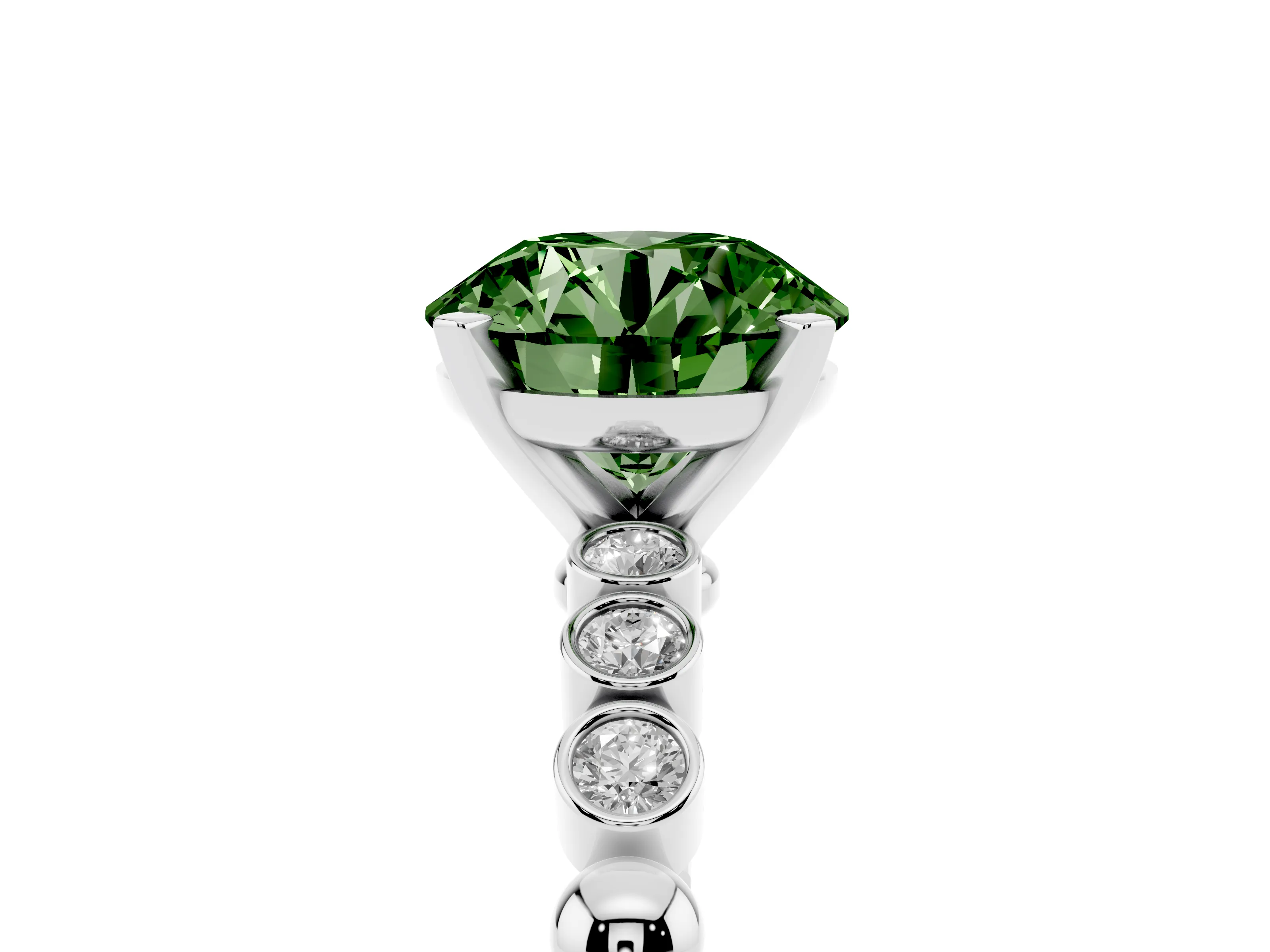 Fancy Green Round Cut Diamond Solitaire Engagement Ring Set in Platinum with Bezel Accents on Beaded Band