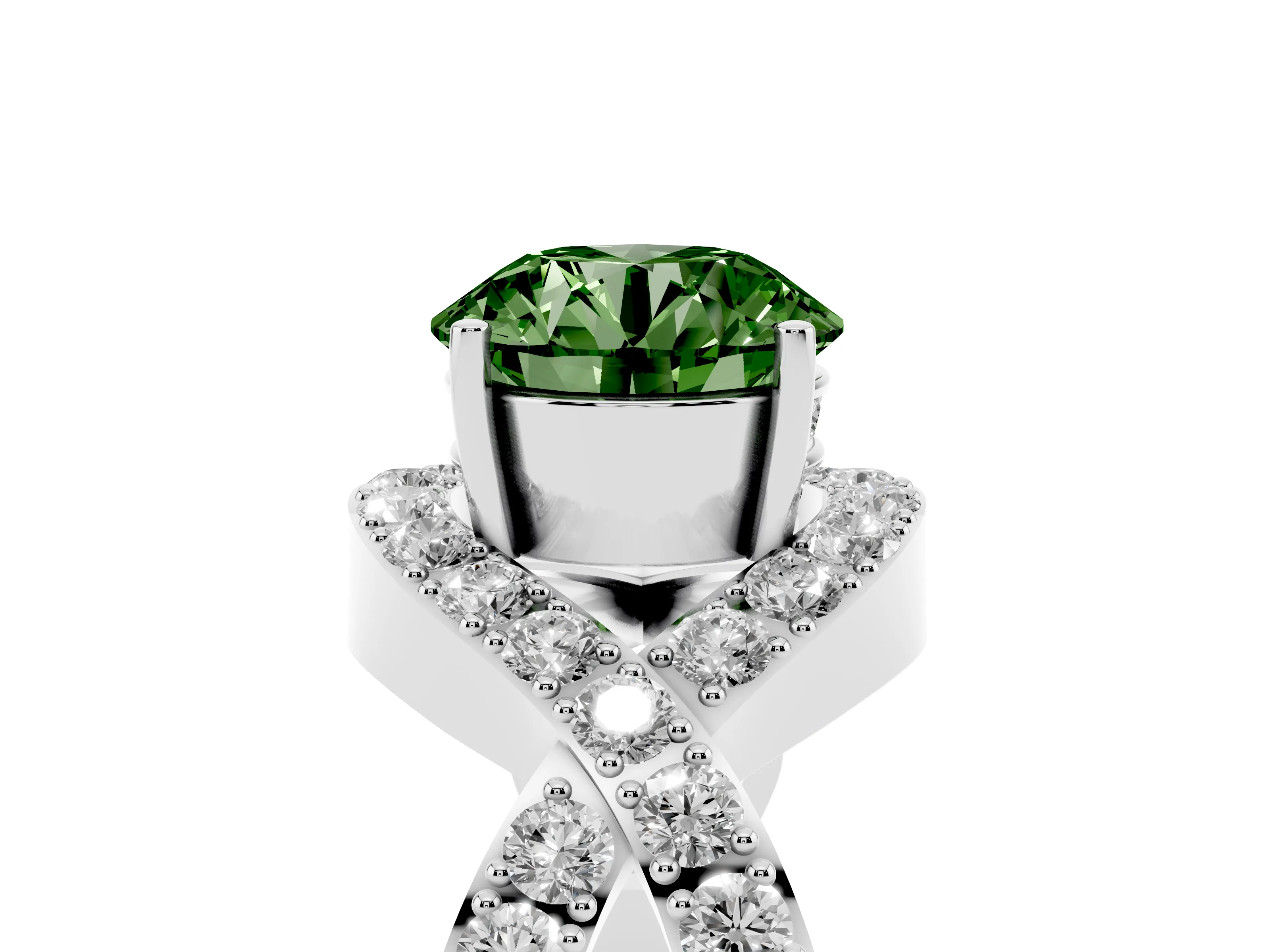 Fancy Green Round Cut Diamond Solitaire Twist Band Pavé Engagement Ring Set in White gold