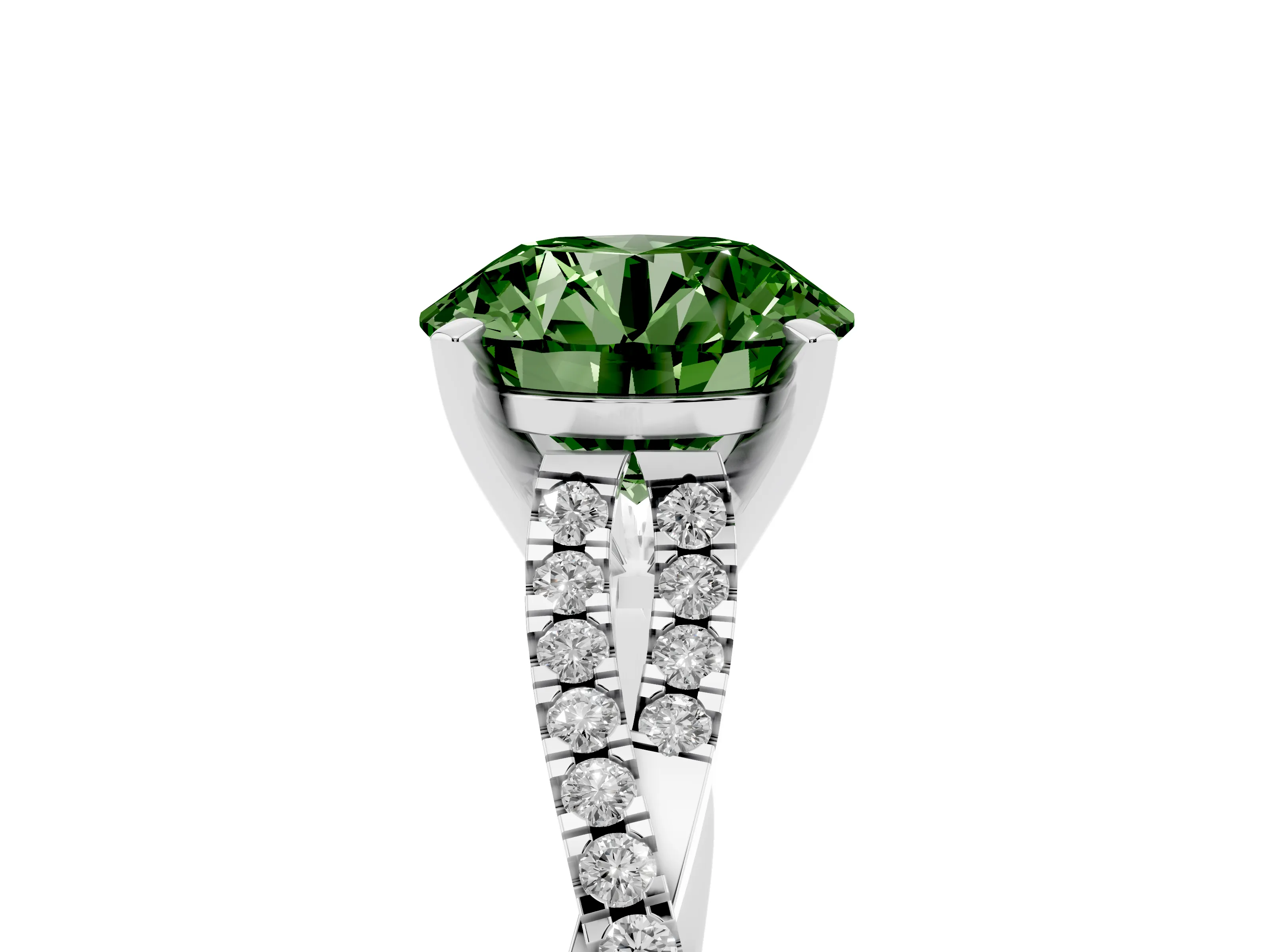 Fancy Green Round Cut Diamond Solitaire Engagement Ring Set in Platinum with Twisted Pavé Band and Prong Setting