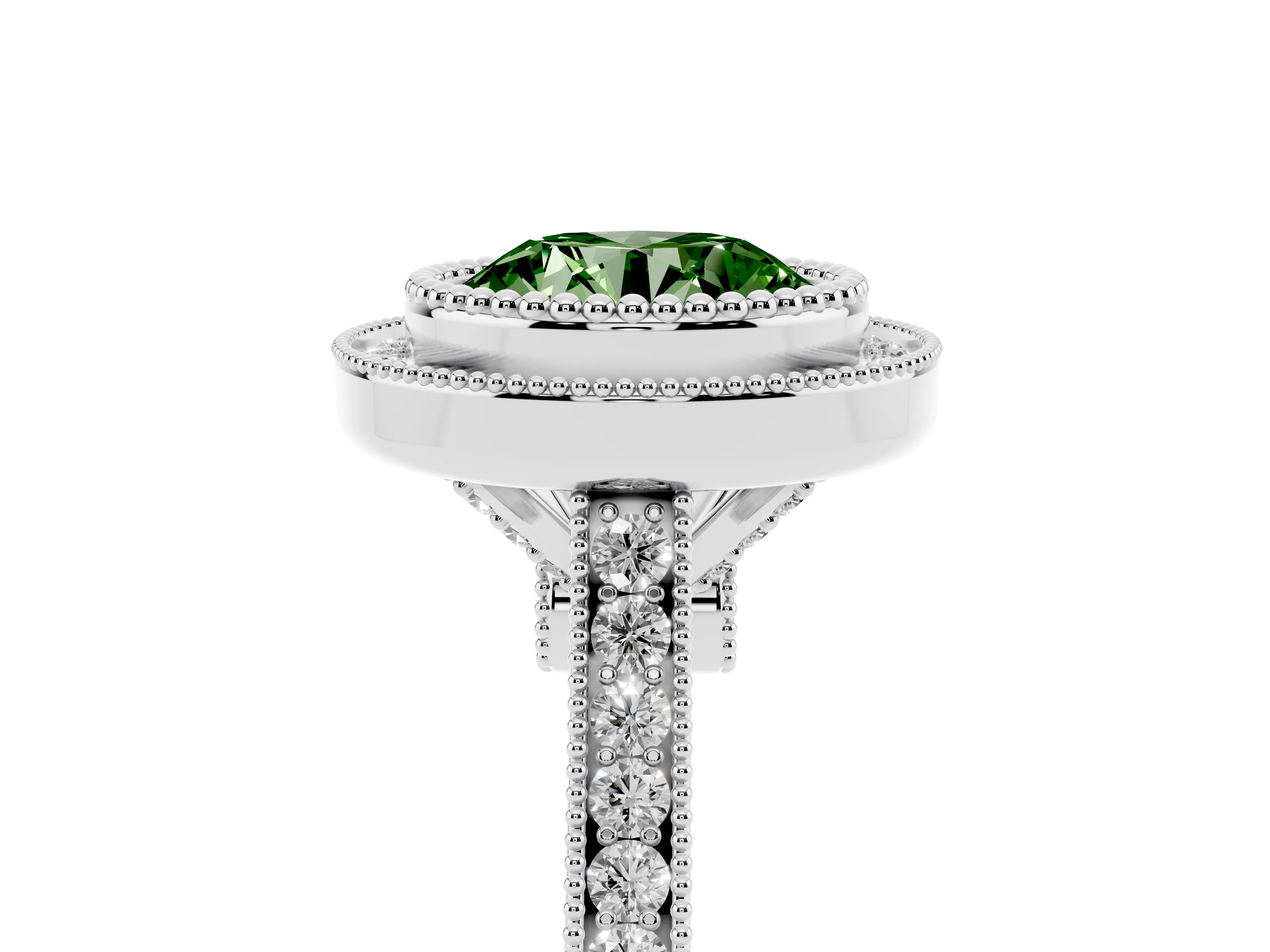 Fancy Green Round Cut Diamond Halo Ring Set in White gold with Milgrain Frame and Pavé Band