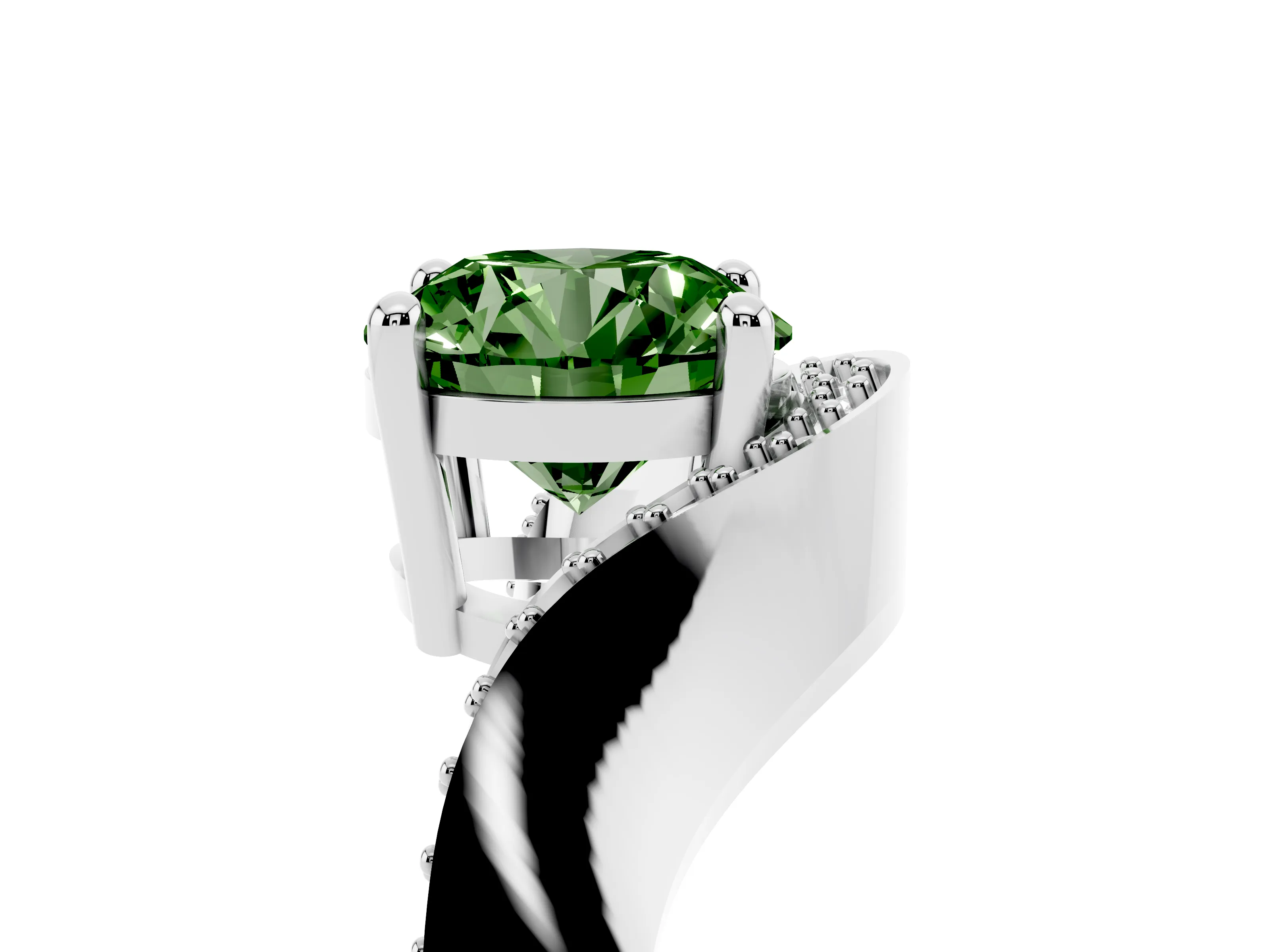 Fancy Green Round Cut Diamond Solitaire Engagement Ring Set in Platinum with Pavé Shoulders