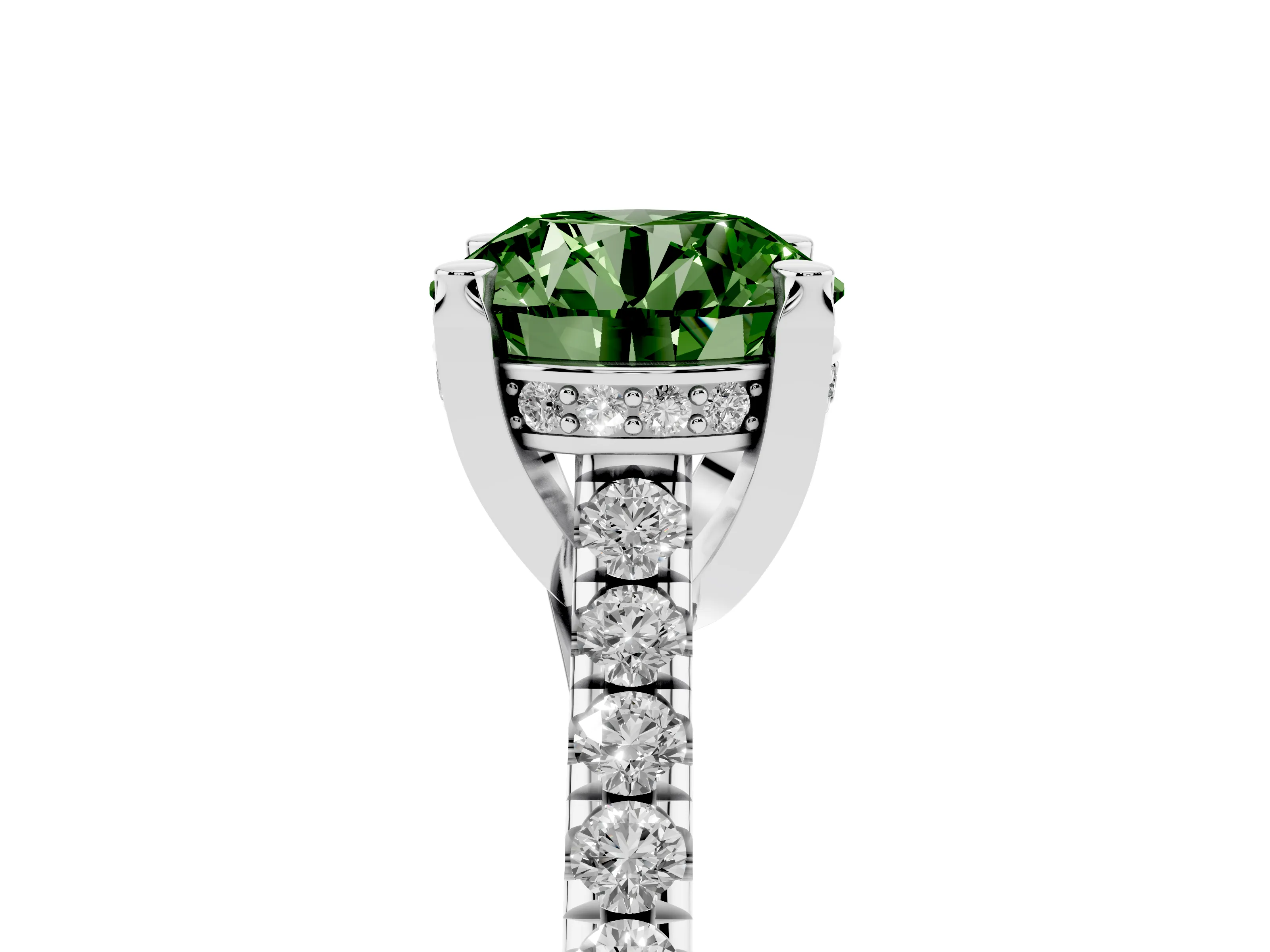 Fancy Green Round Cut Diamond Solitaire Ring Set in Platinum with Brilliant Pavé Band and Prong Setting