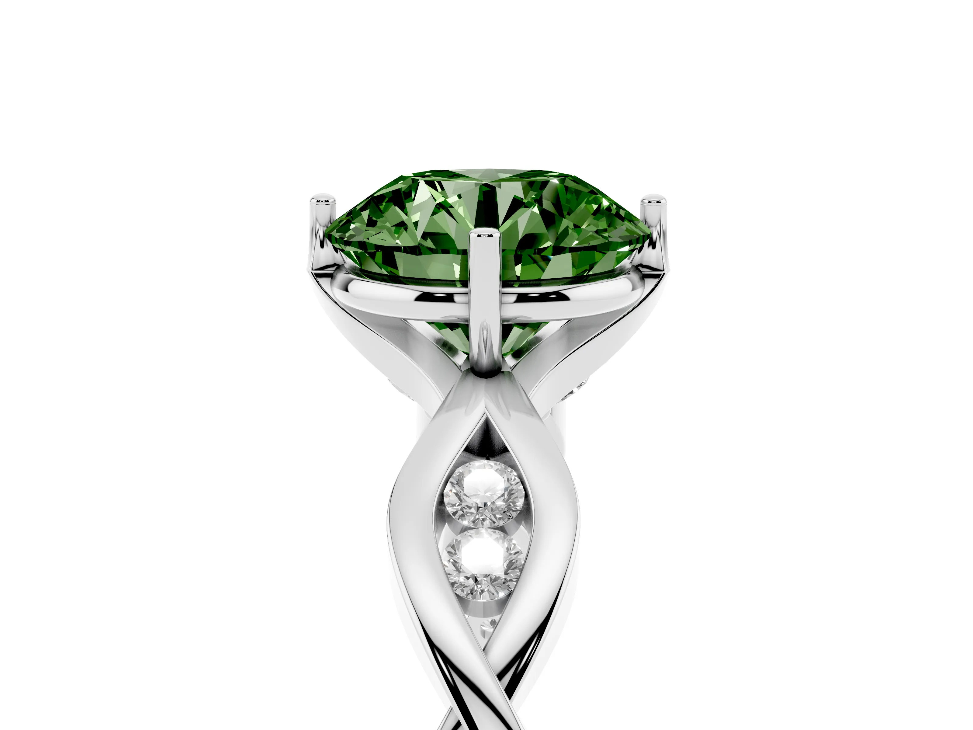Fancy Green Round Cut Diamond Twist Band Solitaire Ring Set in Silver with Leaf Prong Setting and Accent Stones