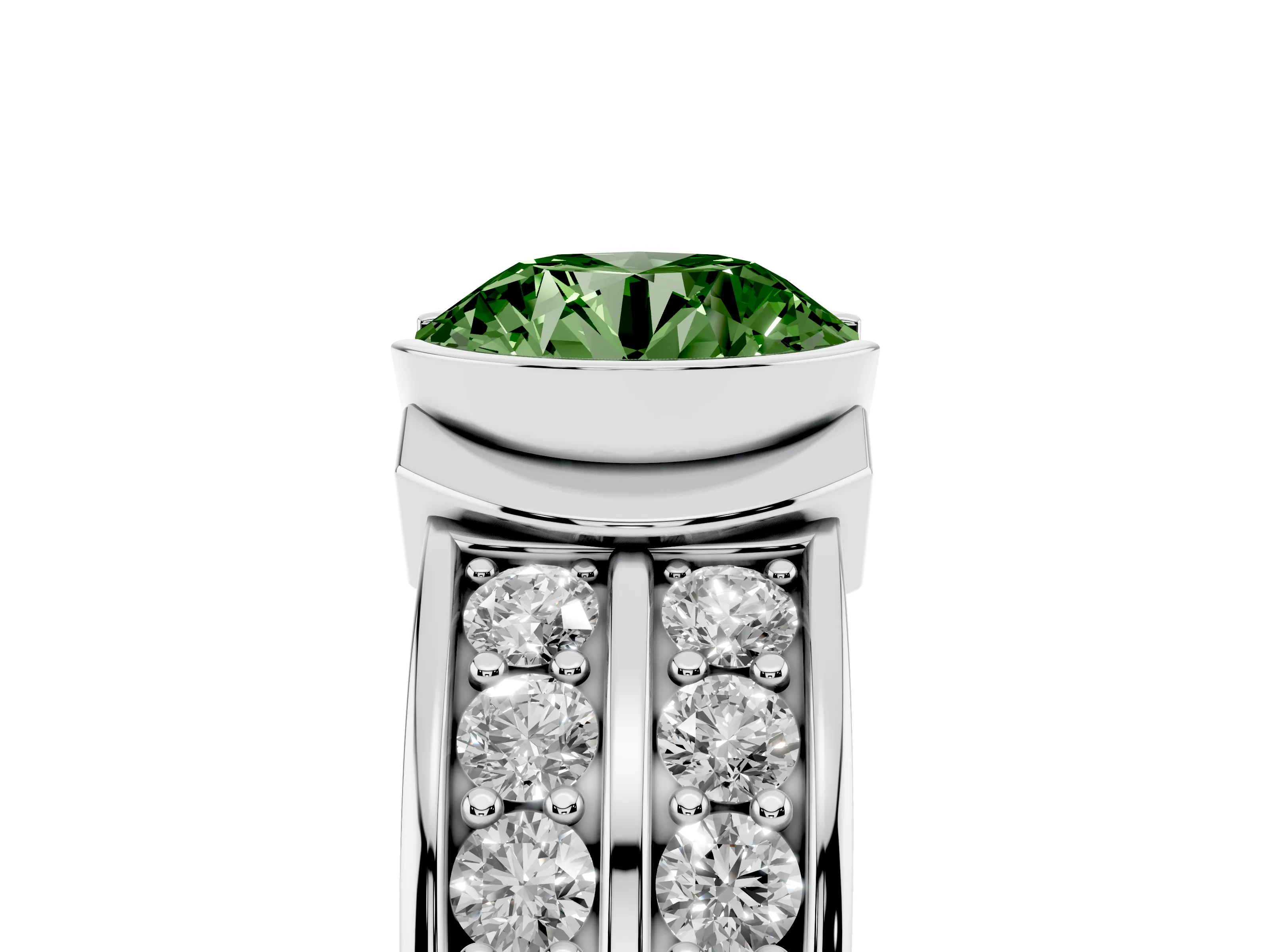 Fancy Green Round Cut Diamond Wide Channel Set Band Ring Set in Platinum with Bezel Setting