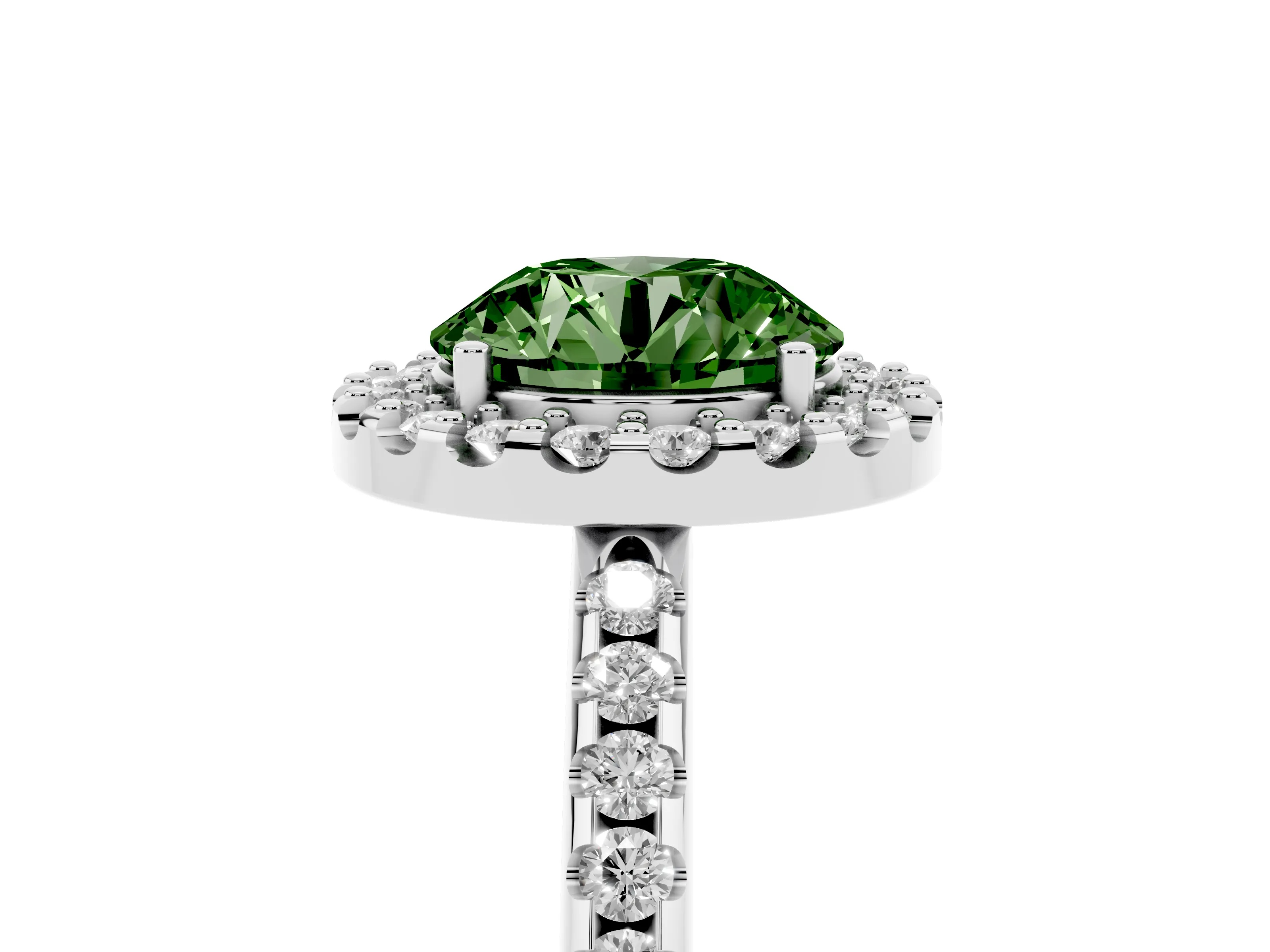 Fancy Green Round Cut Diamond Pavé Halo Ring Set in Silver with Prong Setting