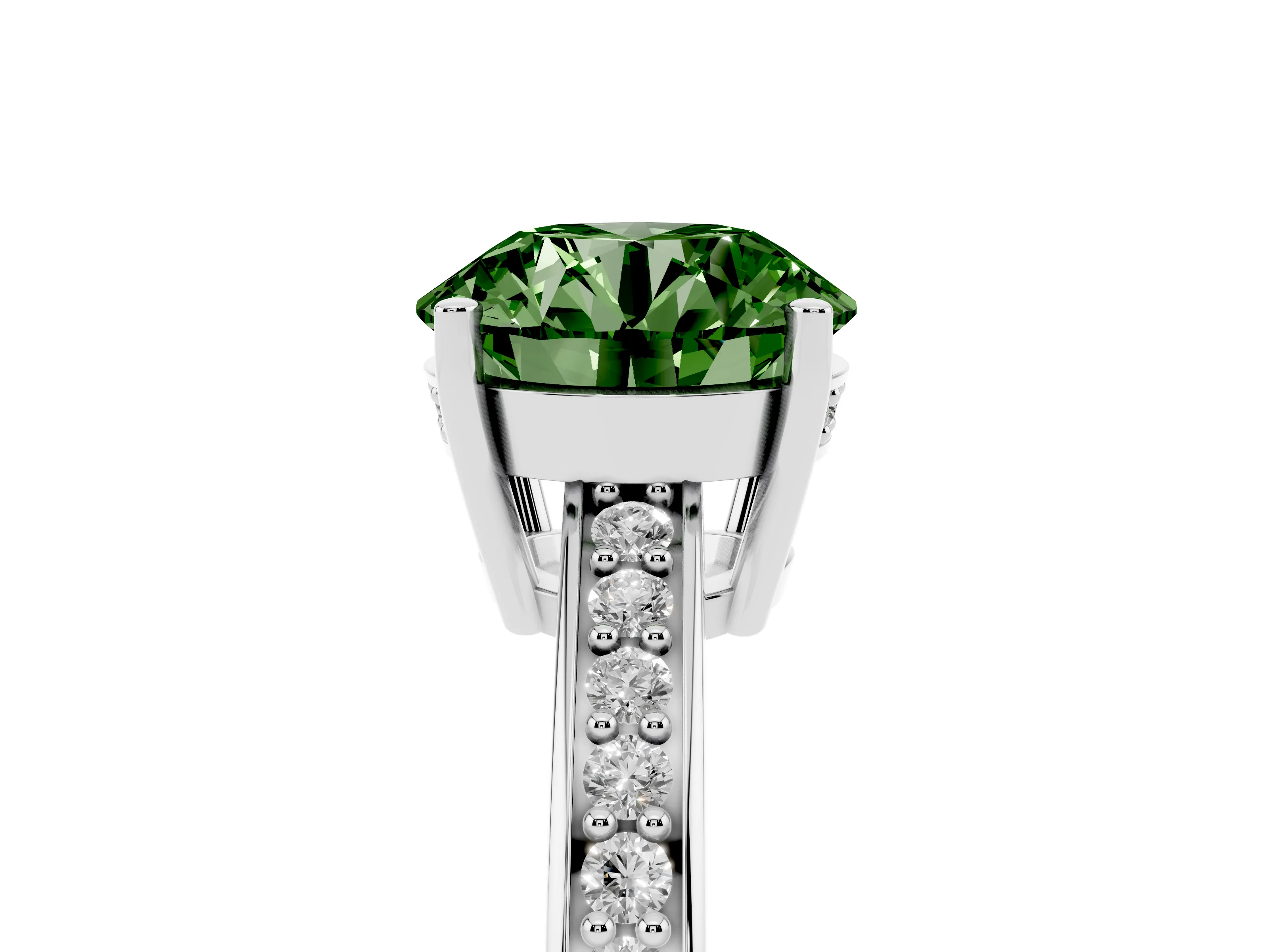 Fancy Green Round Cut Diamond Pavé Band Prong Set Solitaire Ring Set in Platinum