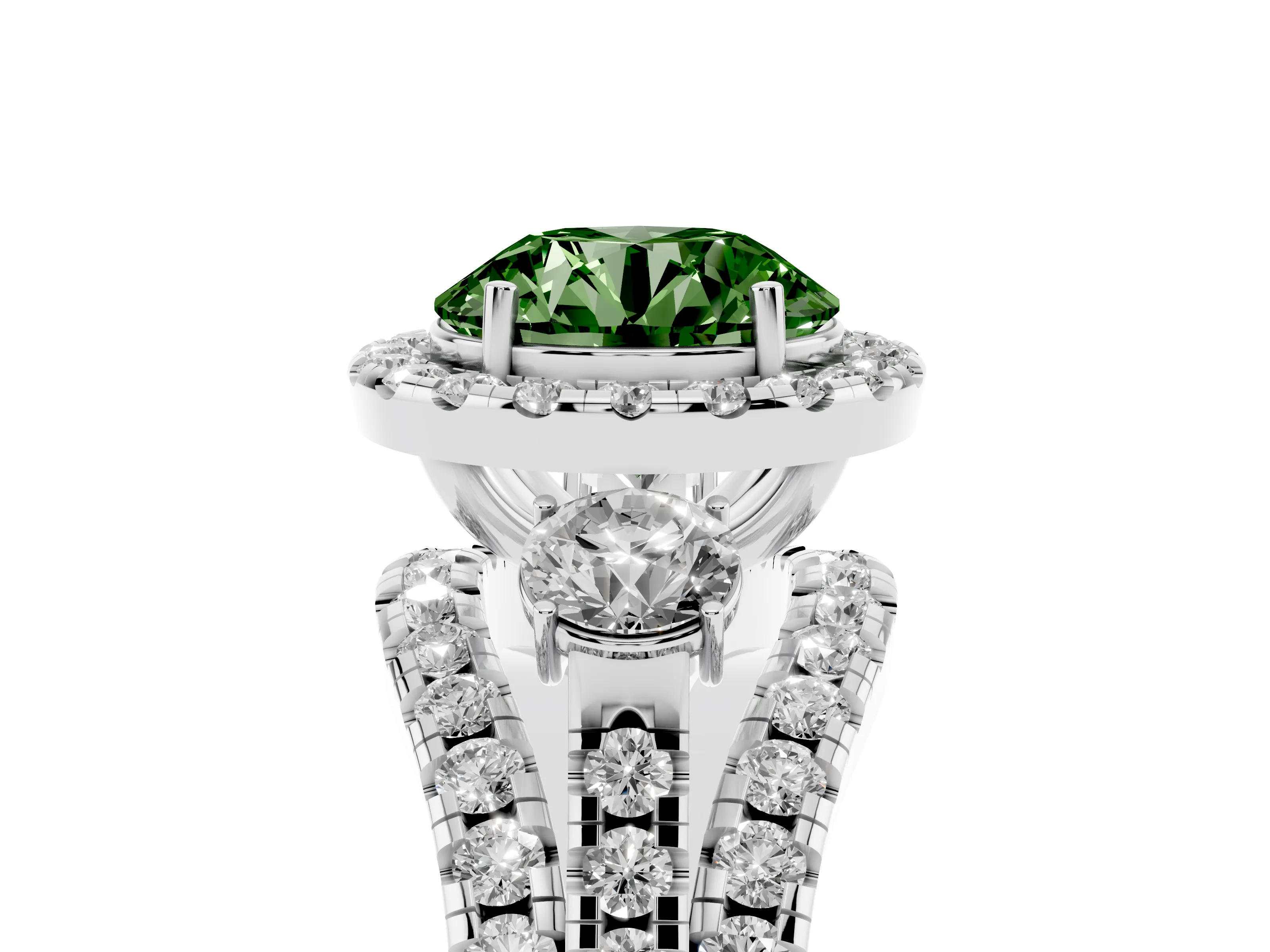 Fancy Green Round Cut Diamond Halo Split Shank Ring Set in Silver with Round Accent Stones and Prong Setting