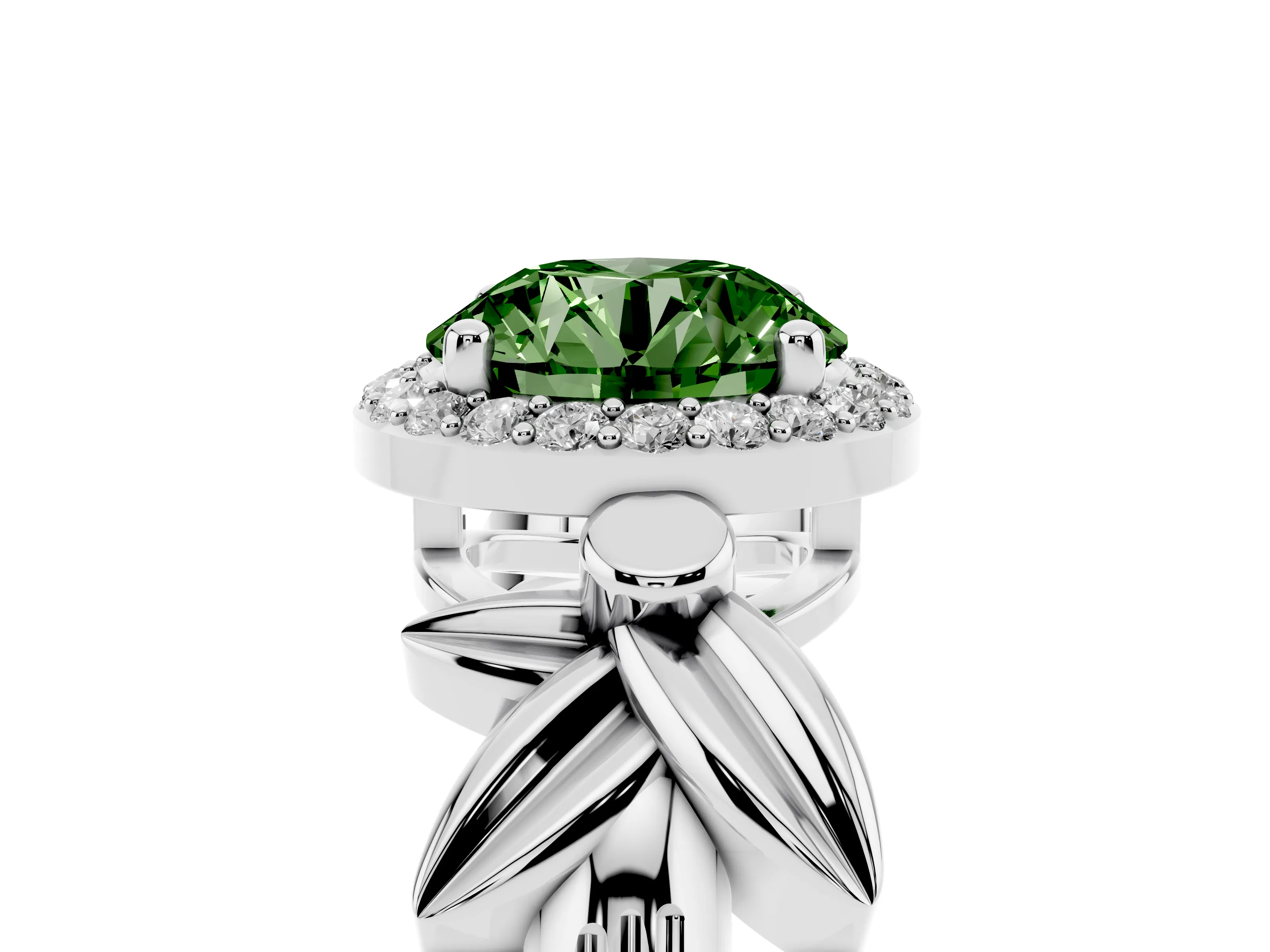 Fancy Green Round Cut Diamond Halo Floral Band Ring Set in Silver with Prong Setting