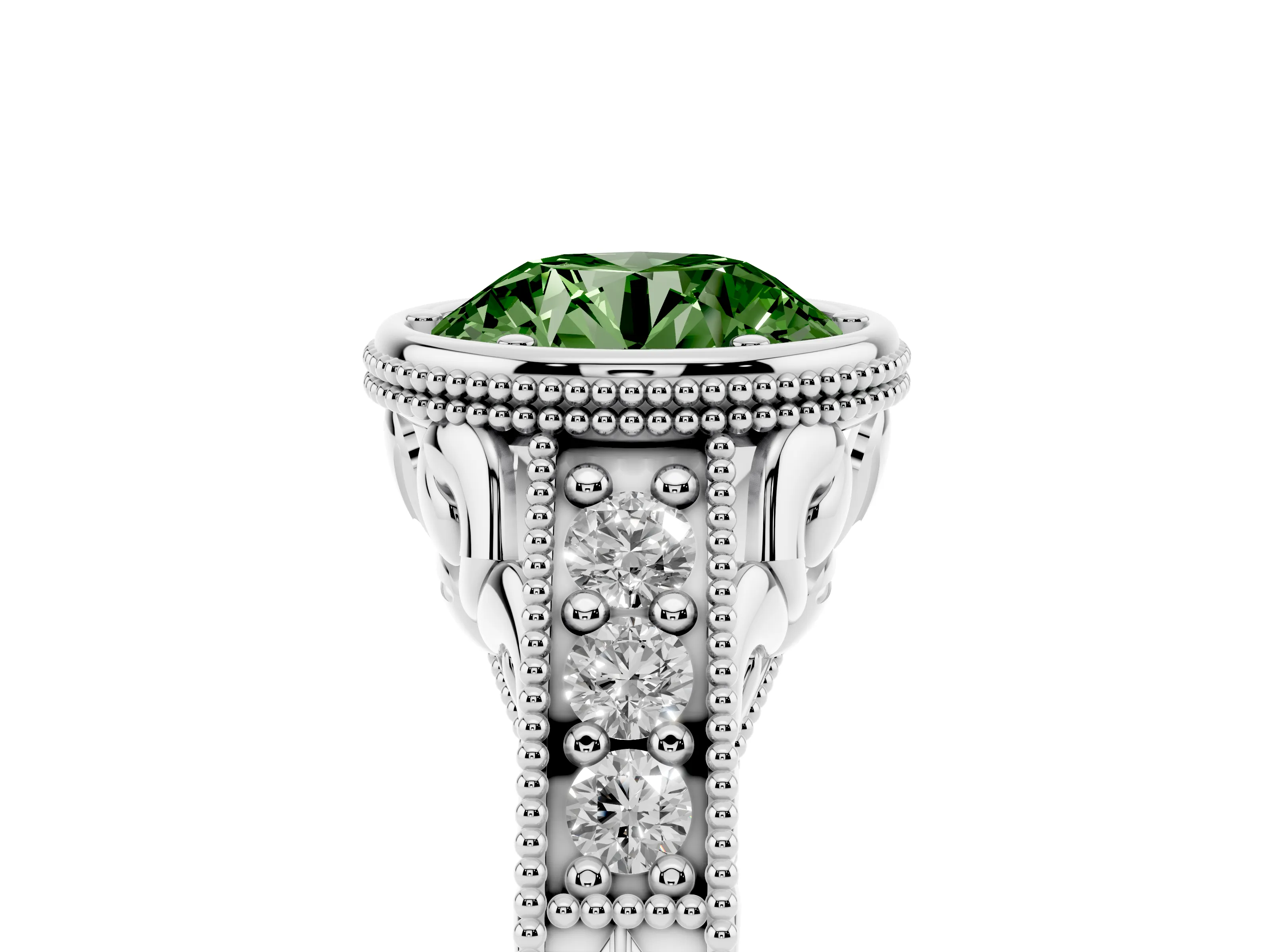 Fancy Green Bezel Set Round Cut Diamond Milgrain Pavé Engagement Ring Set in Silver