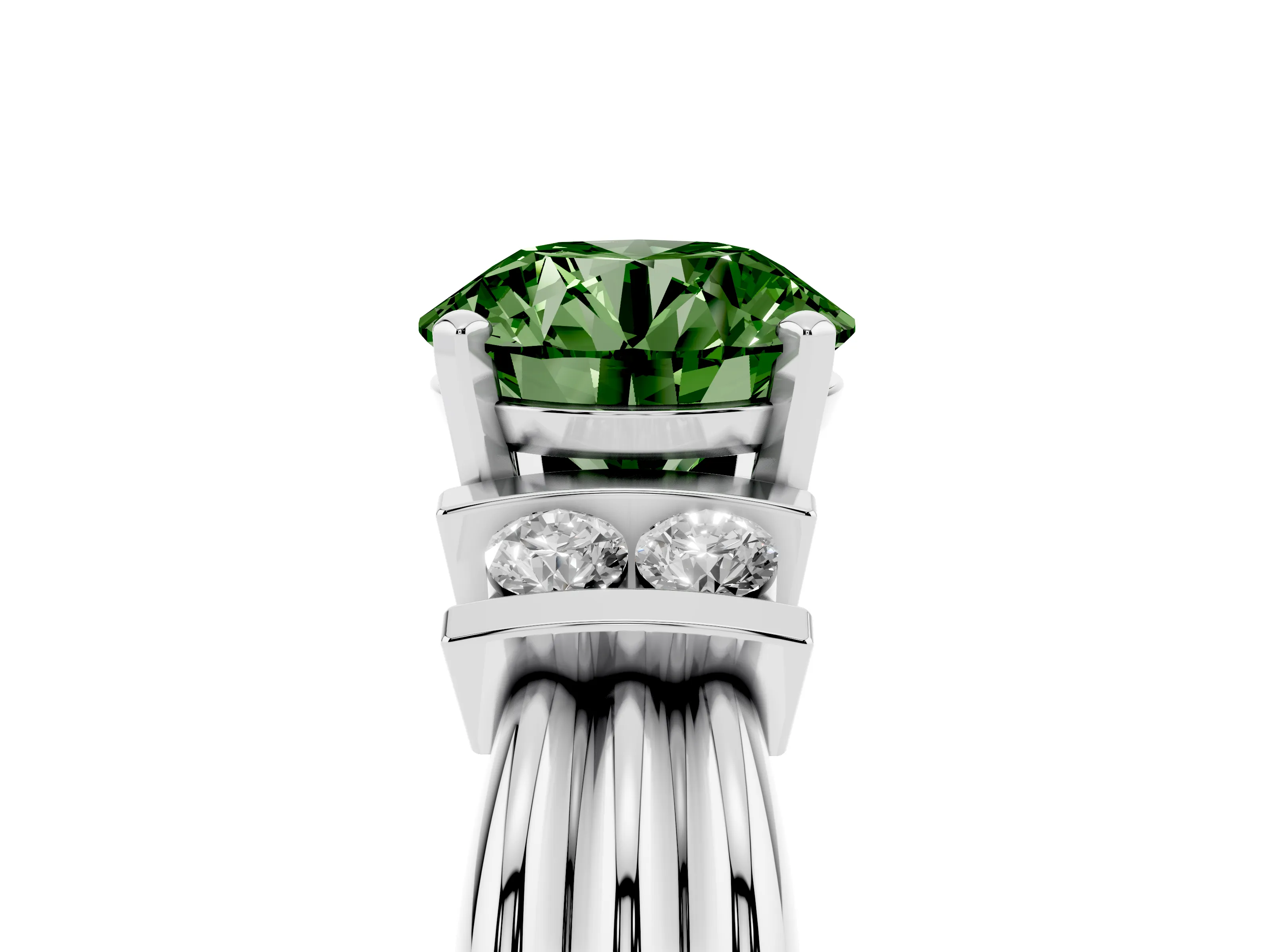 Fancy Green Three-Stone Round Cut Diamond Channel Set Ring Set in Platinum with Bar Prongs