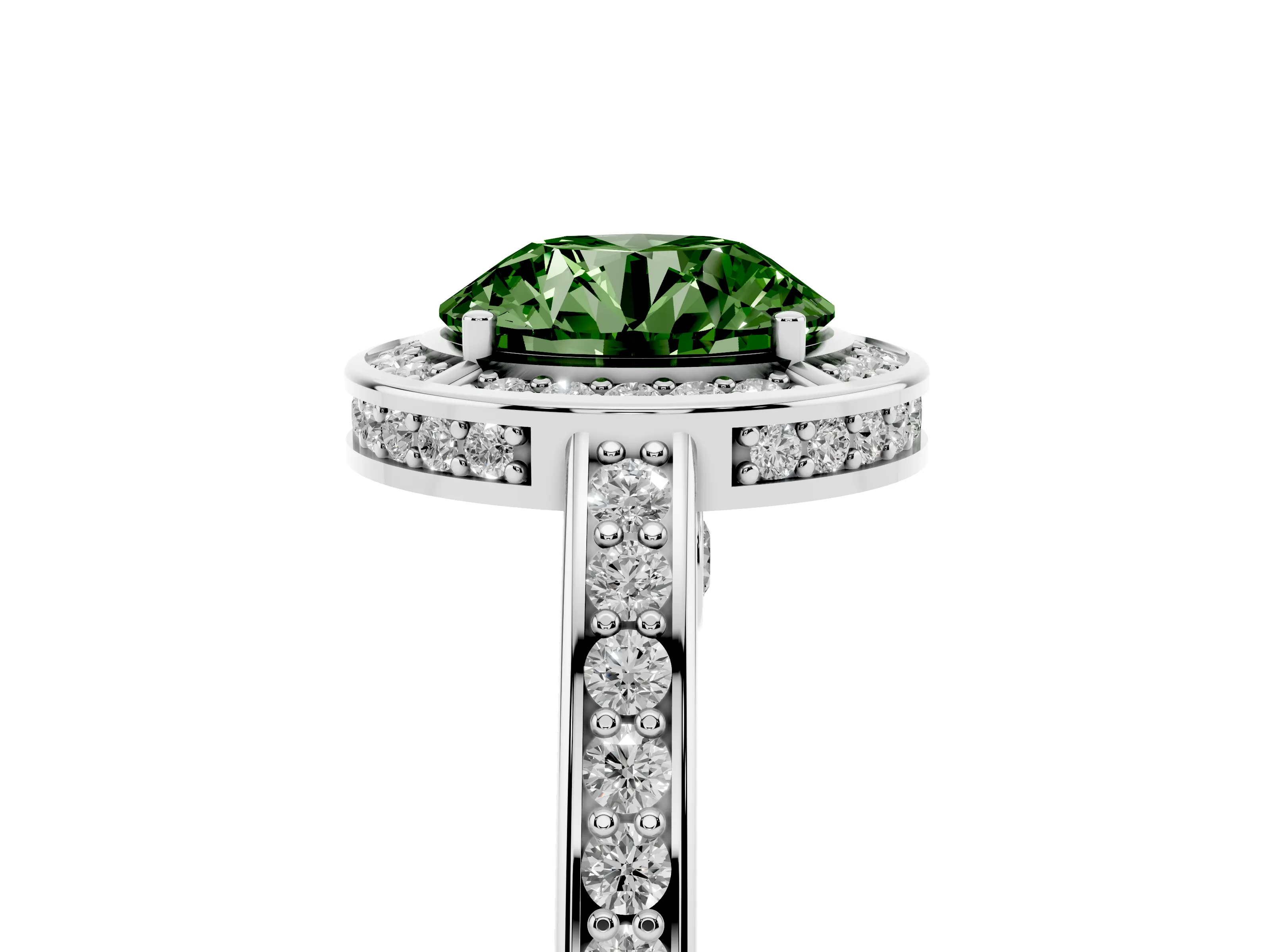 Fancy Green Round Cut Diamond Halo Pavé Split Shank Ring Set in White gold with Prong Setting