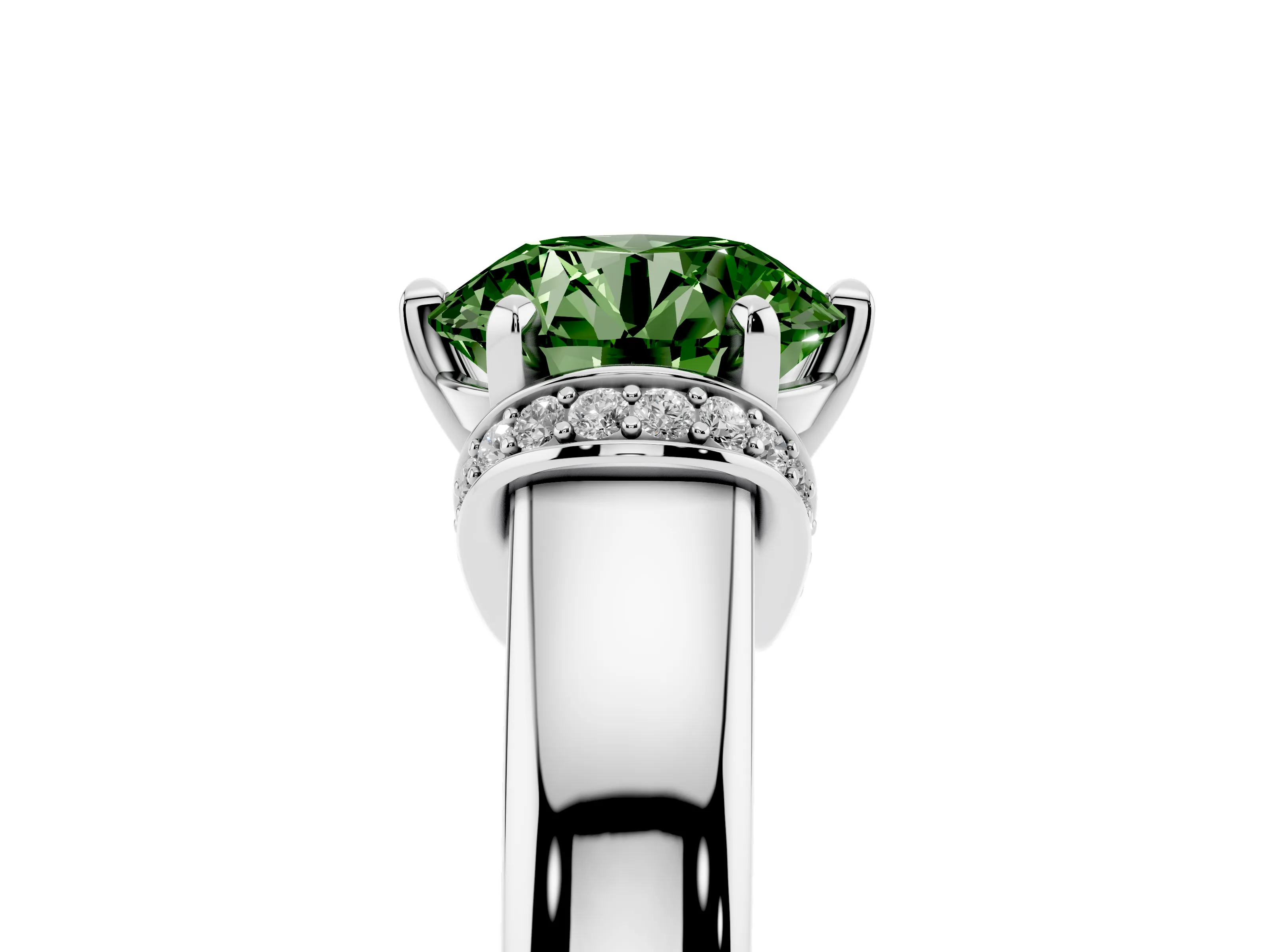 Fancy Green Round Cut Diamond Pavé Band Solitaire Ring Set in Silver with Prong Setting