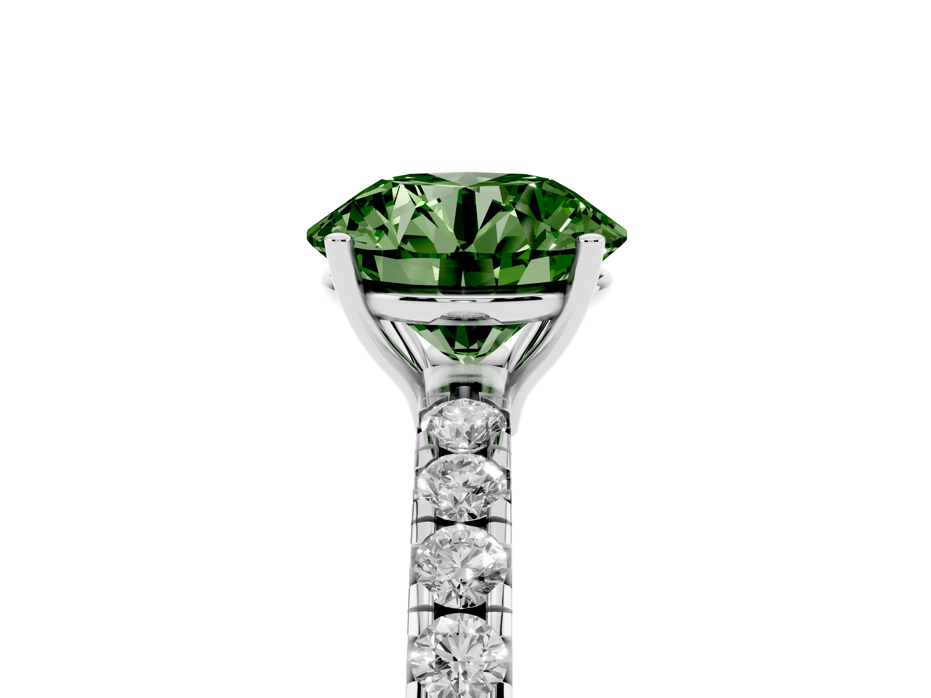 Fancy Green Round Cut Diamond Pavé Solitaire Engagement Ring Set in White gold with Prong Setting
