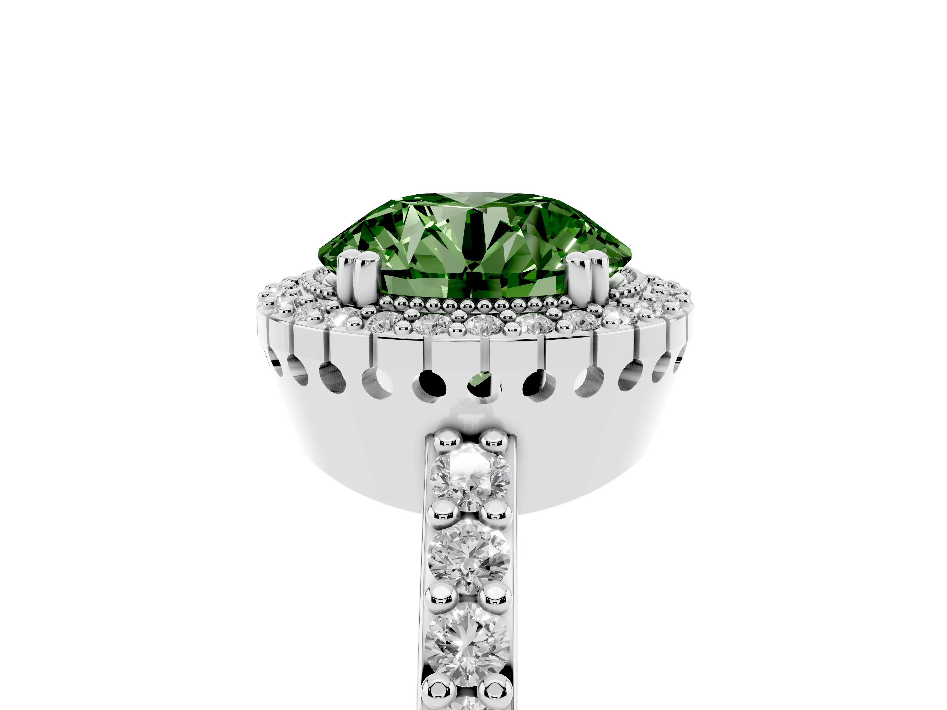 Fancy Green Round Cut Diamond Halo Engagement Ring Set in White gold with Milgrain Detail and Pavé Band