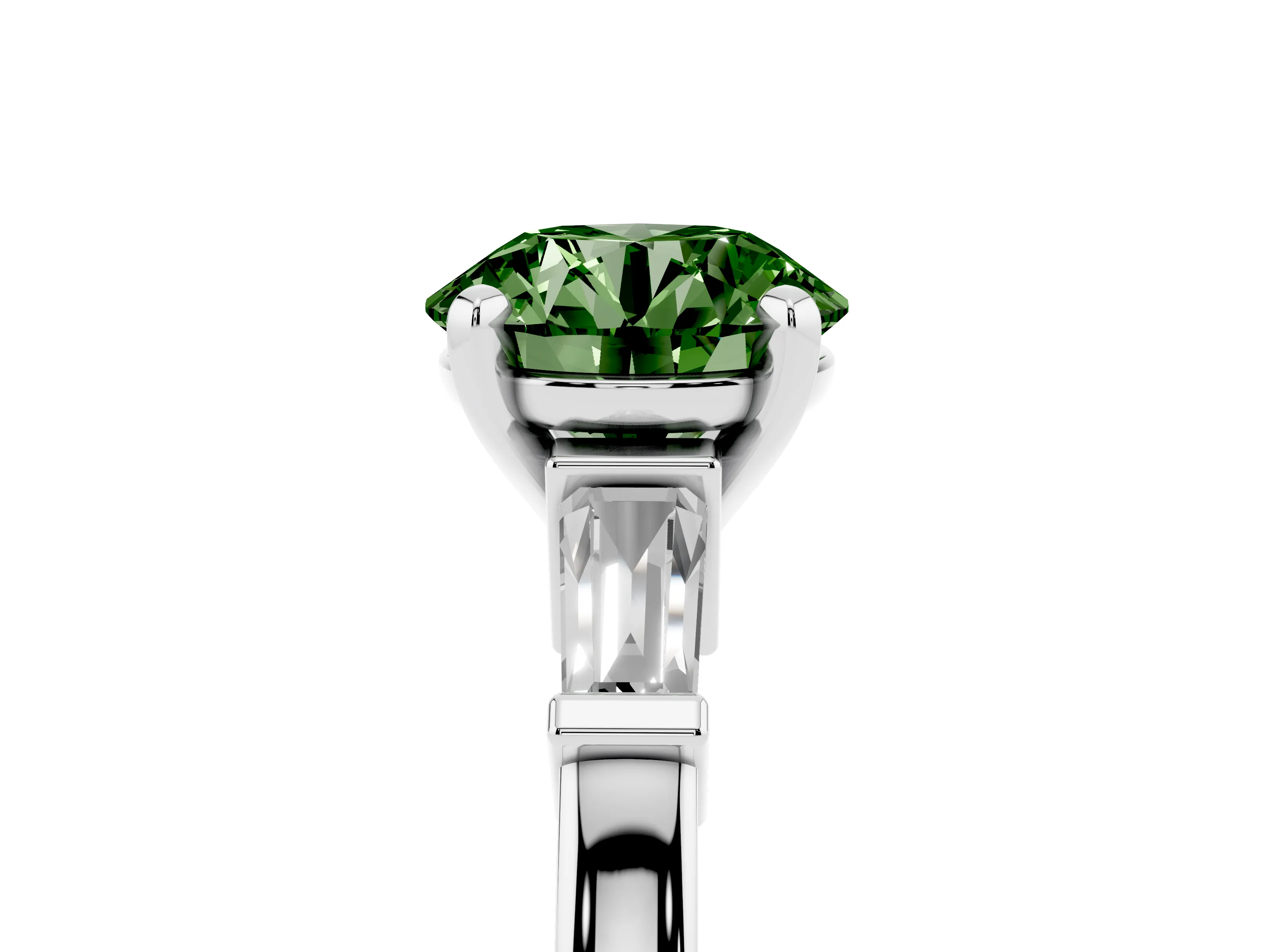 Fancy Green Round Cut Diamond Solitaire Ring Set in Platinum with Tapered Baguette Accents and Prong Setting