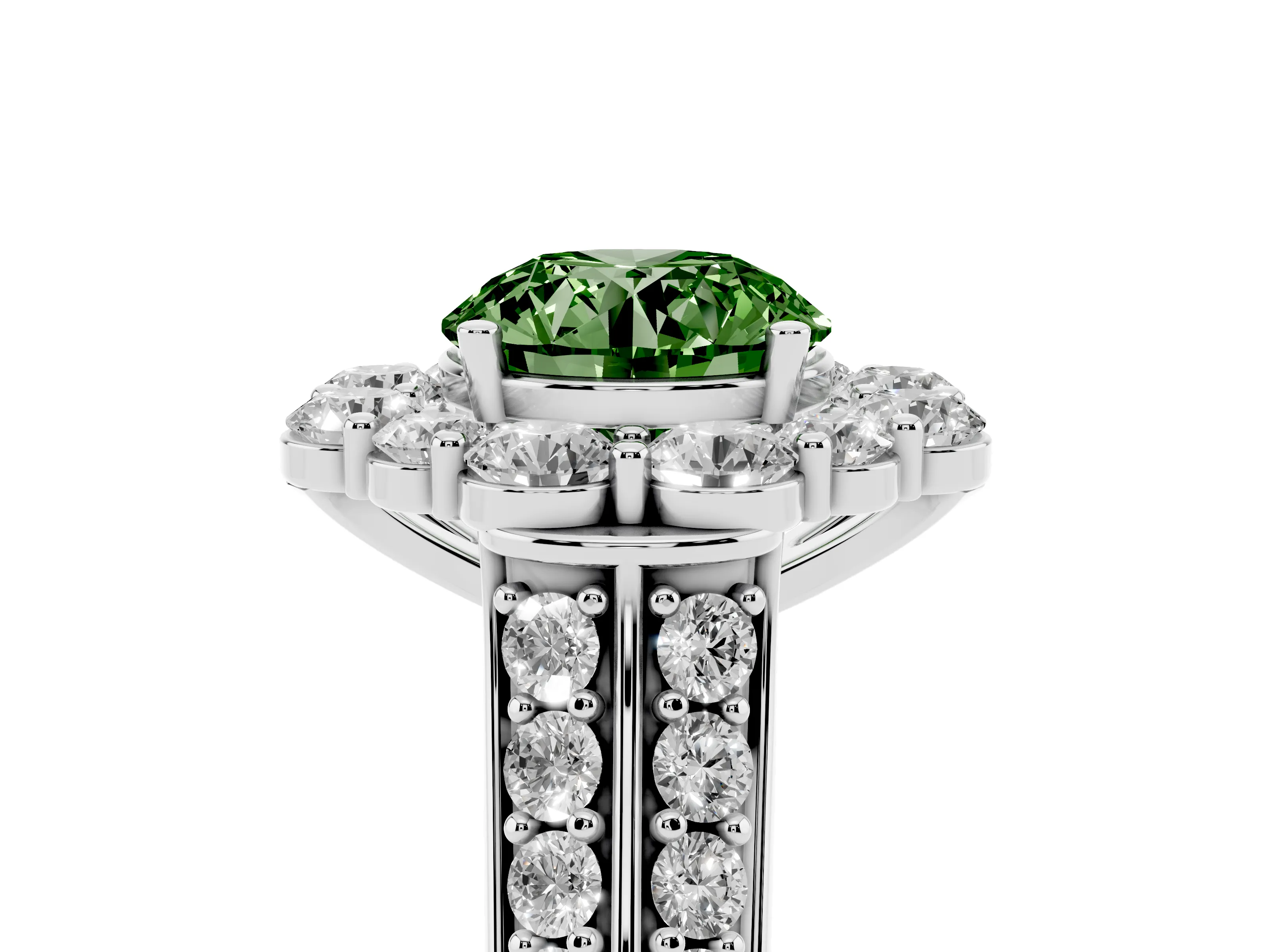Fancy Green Round Cut Diamond Halo Engagement Ring Set in White gold with Split Shank and Prong Setting