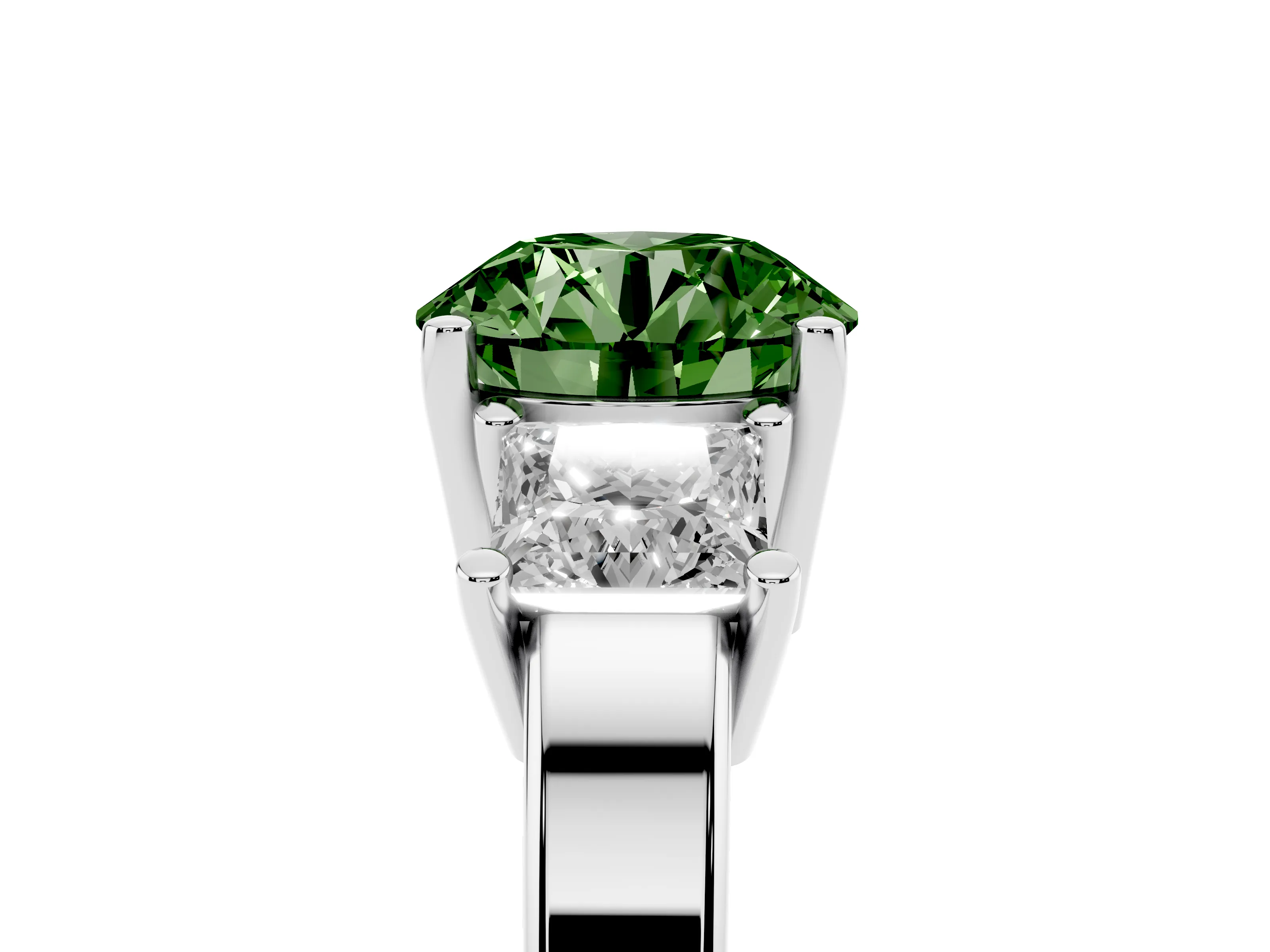 Fancy Green Three-Stone Round Cut Diamond Solitaire Ring Set in White gold with Prong Setting
