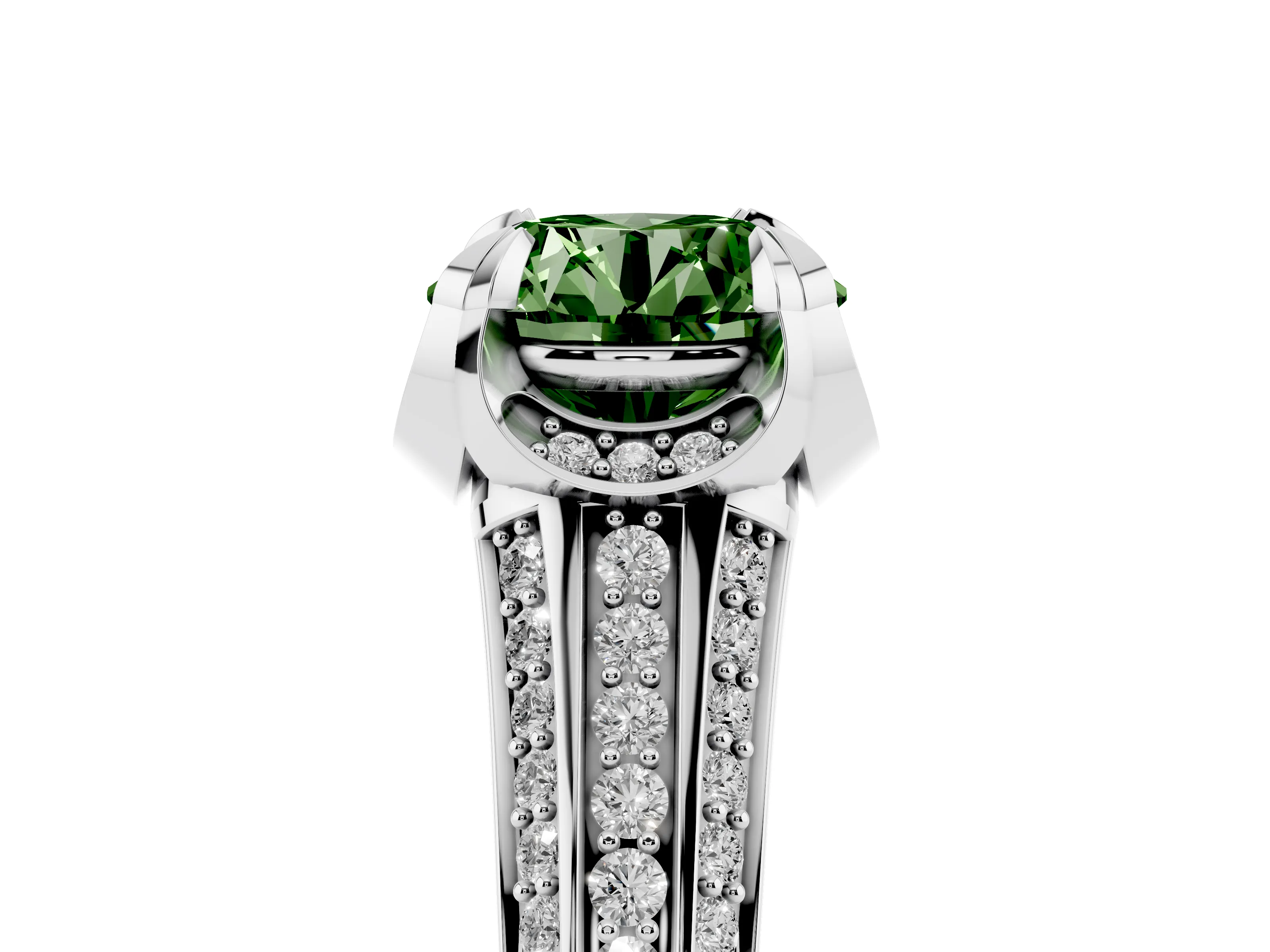 Fancy Green Round Cut Diamond Pavé Split Shank Solitaire Ring Set in Platinum with Prong Setting