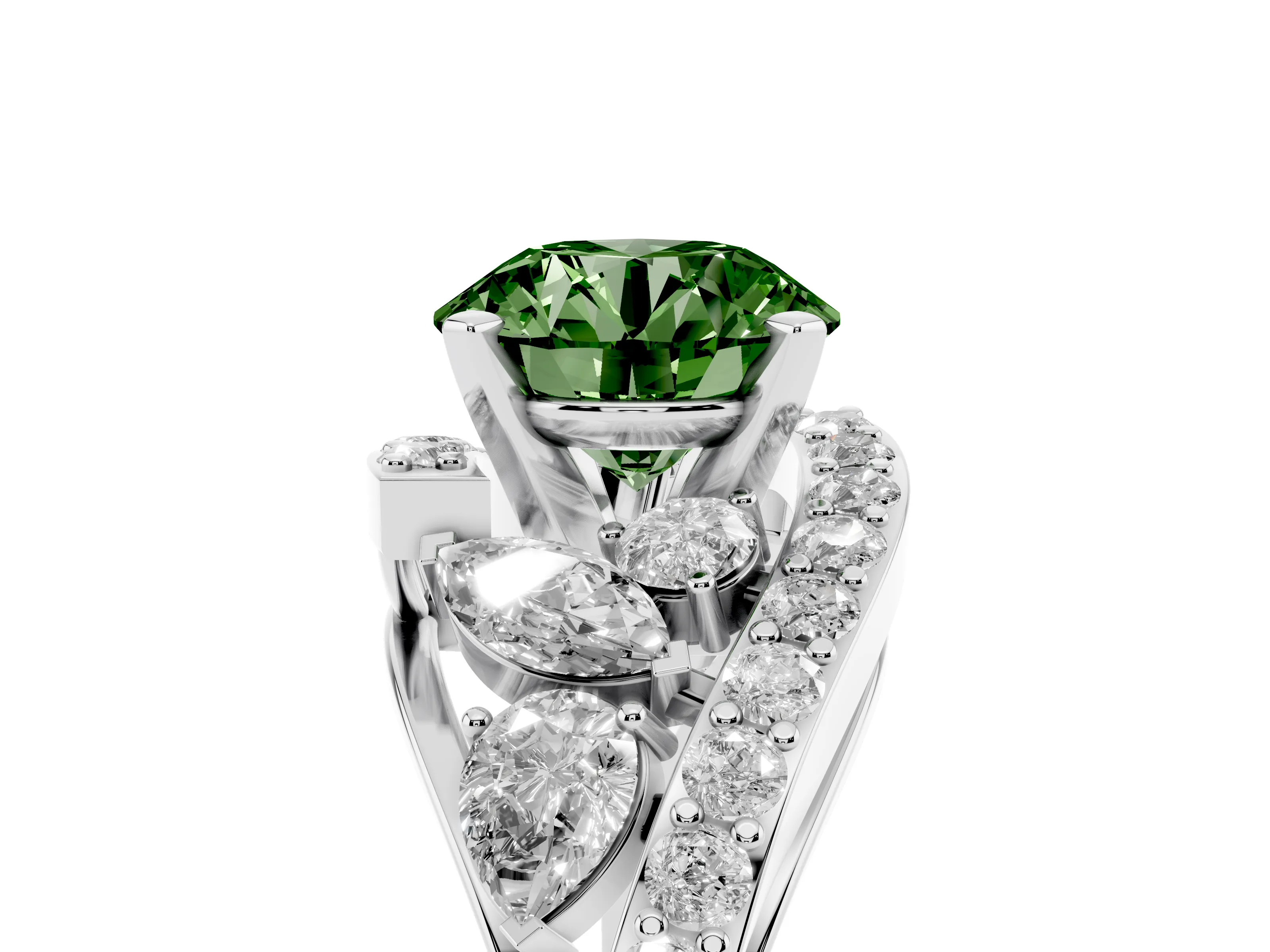 Fancy Green Round Cut Diamond Halo Ring Set in Platinum with Marquise and Pavé Band in Prong Setting