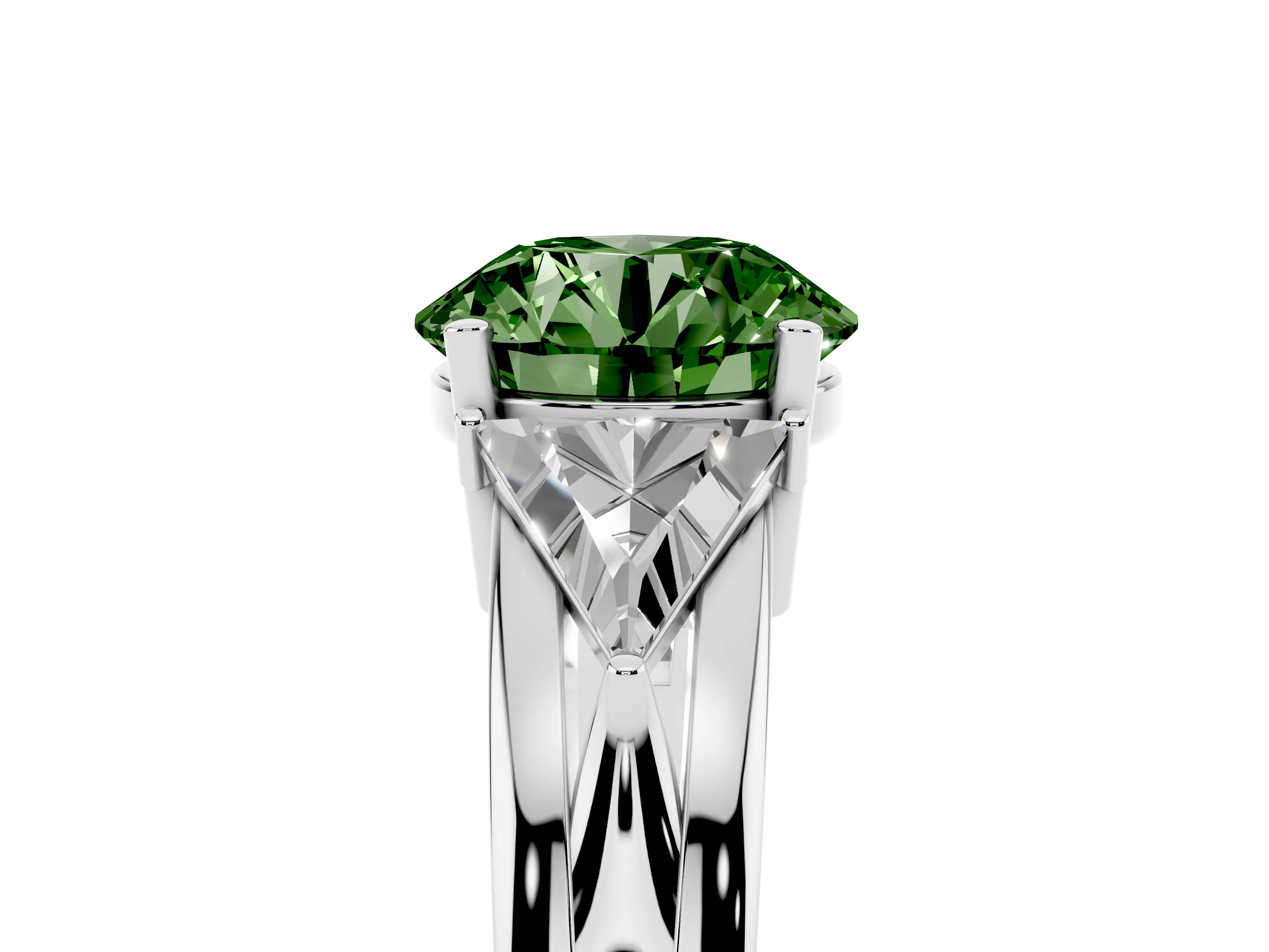 Fancy Green Round Cut Diamond Three-Stone Ring Set in Silver with Trillion Side Stones and Split Shank