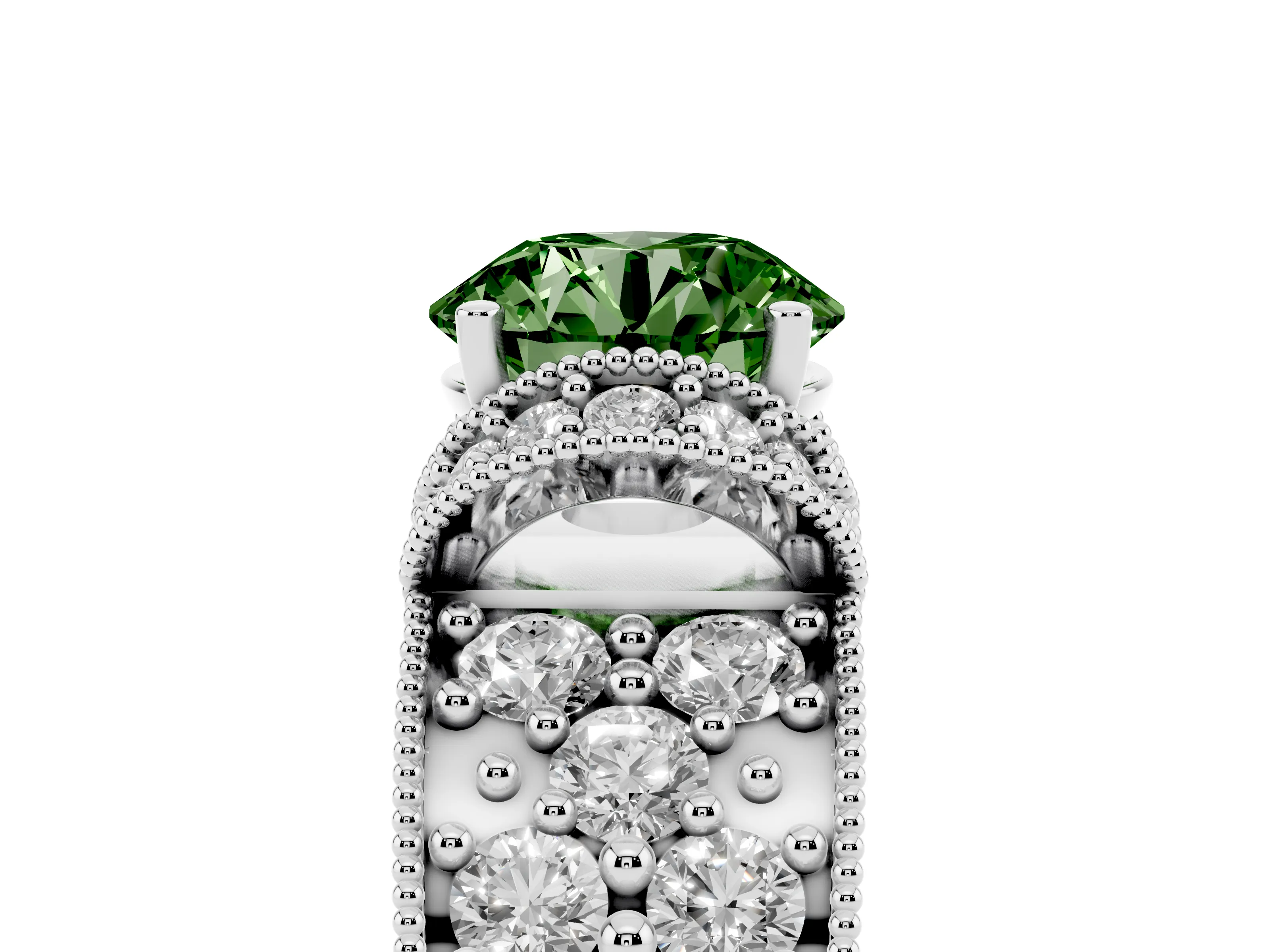 Fancy Green Round Cut Diamond Milgrain Halo Pavé Engagement Ring Set in Silver with Prong Setting