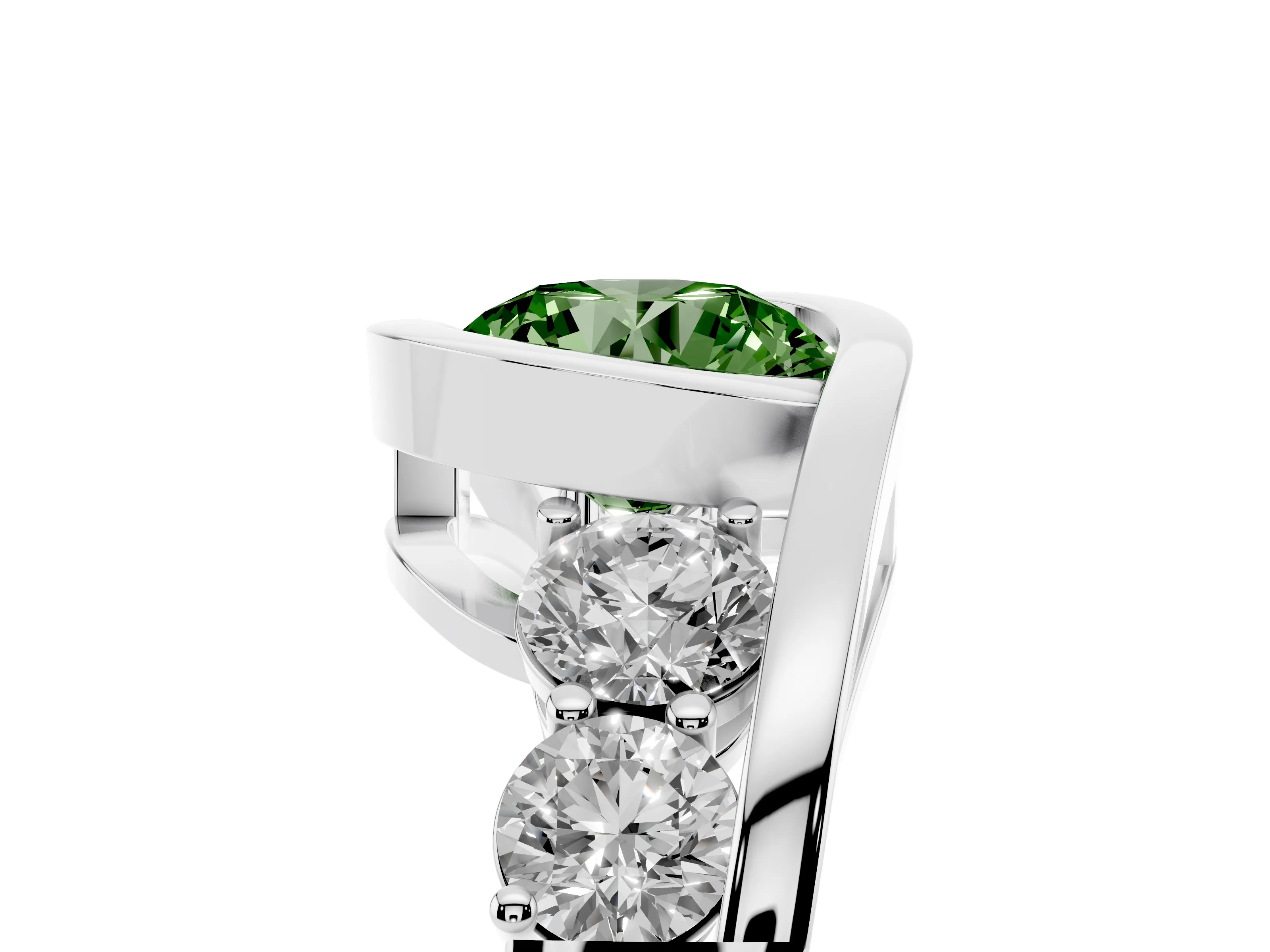 Fancy Green Round Cut Diamond Bezel Bypass Ring Set in Silver with Round Accents