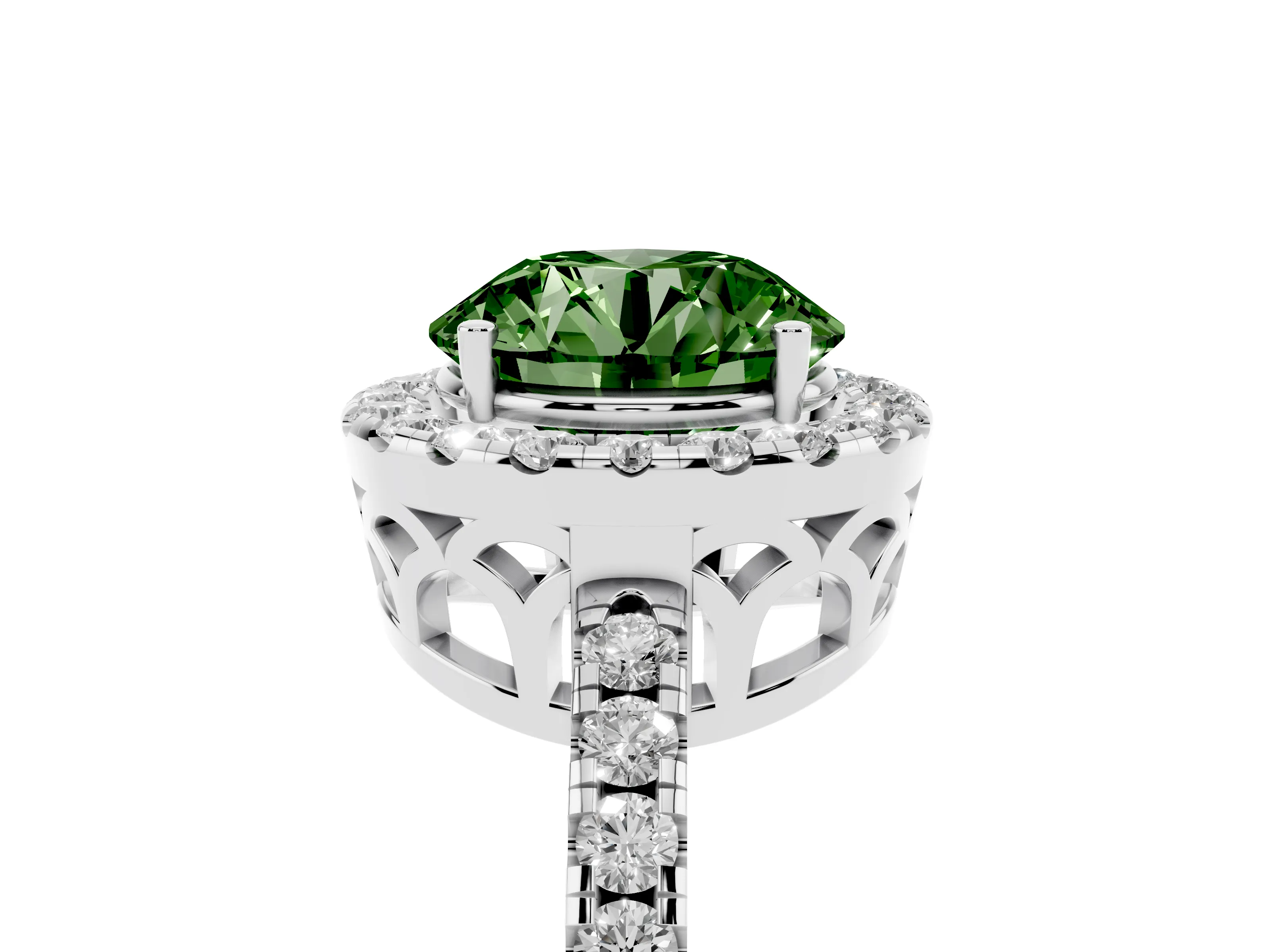 Fancy Green Round Cut Diamond Pavé Band Halo Engagement Ring Set in Platinum with Prong Setting