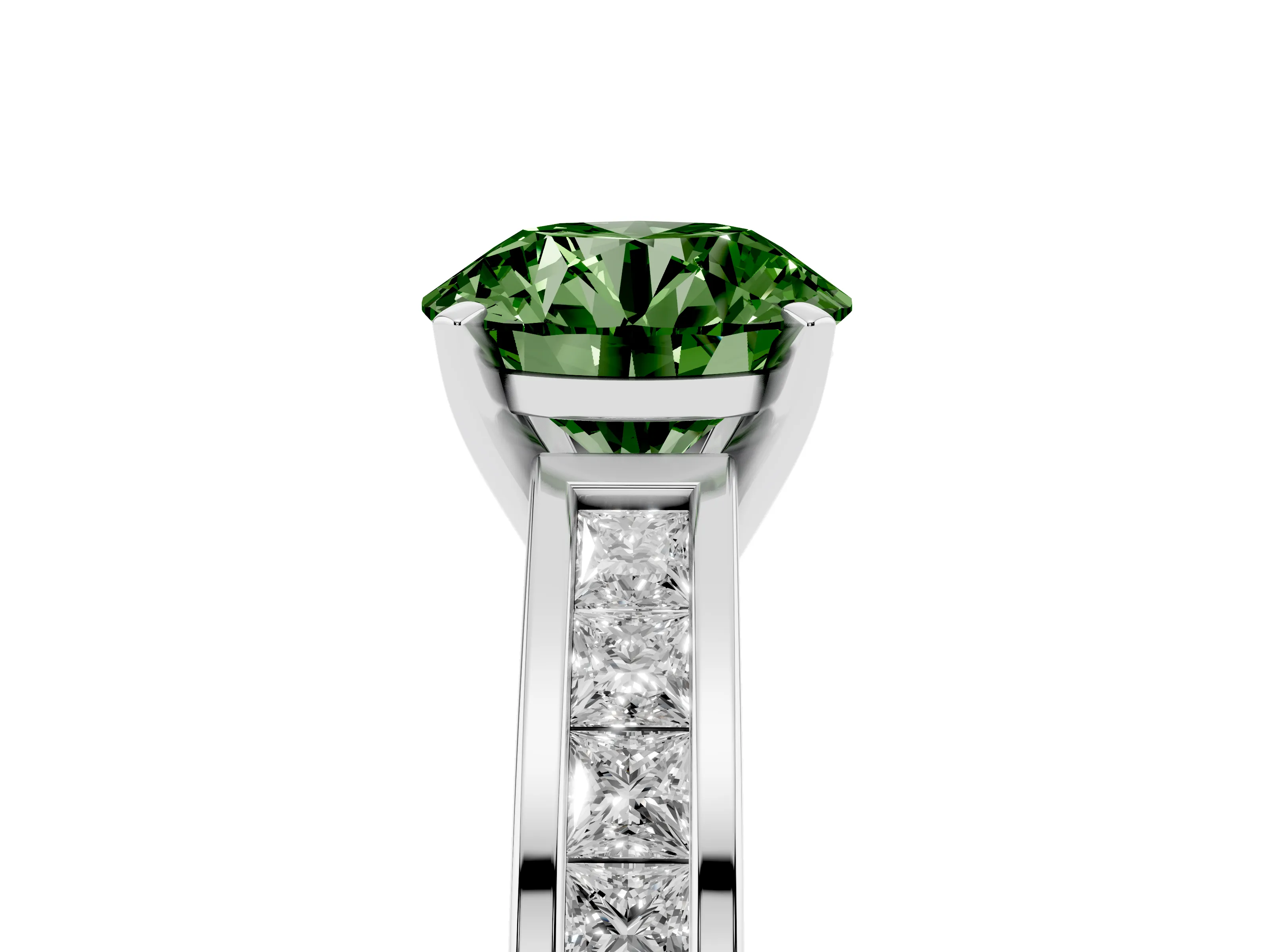Fancy Green Round Cut Diamond Solitaire Ring Set in Platinum with Channel-Set Band and Prong Setting