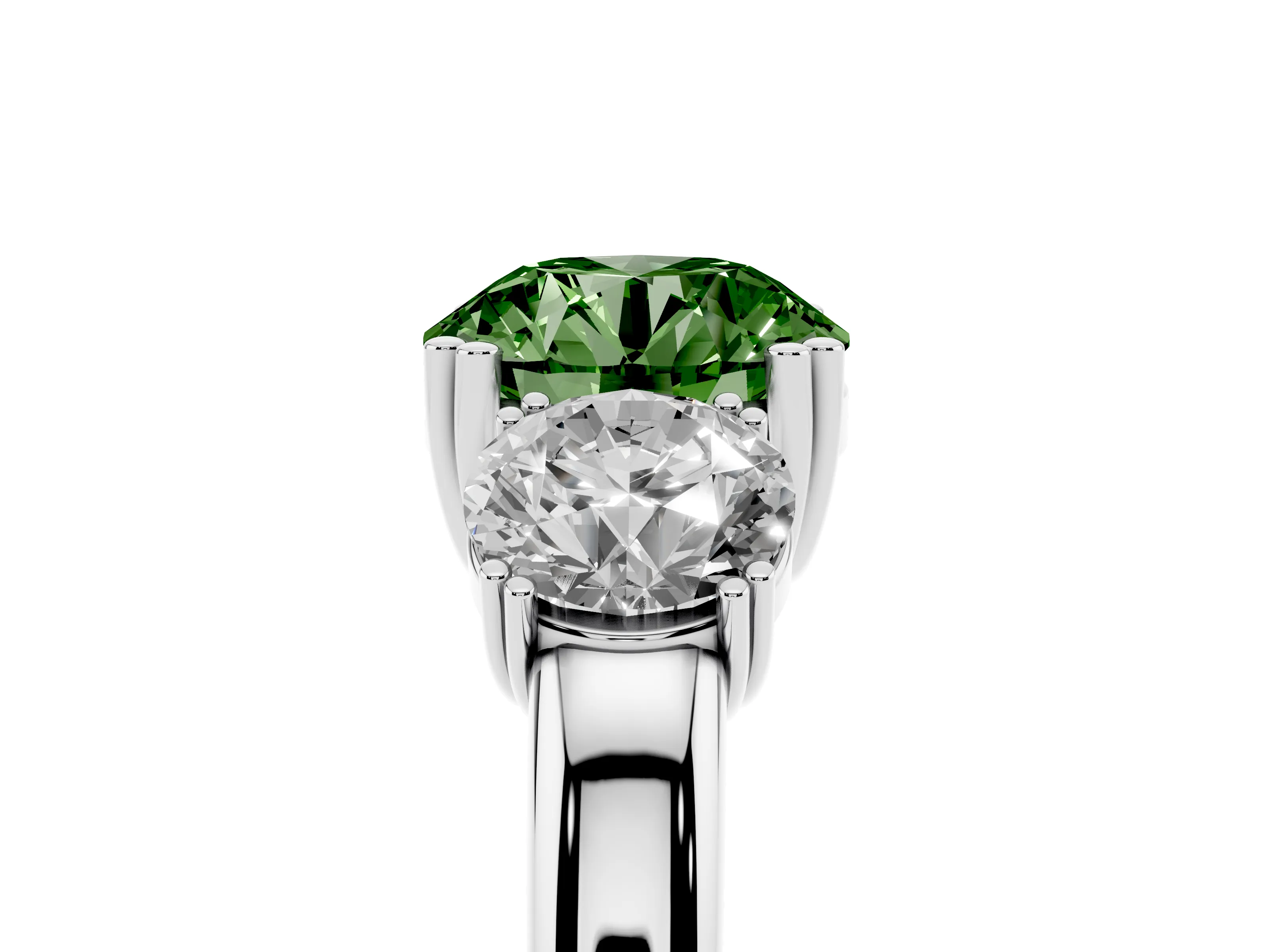 Fancy Green Round Cut Diamond Three-Stone Ring Set in Platinum with Polished Channel-Set Band