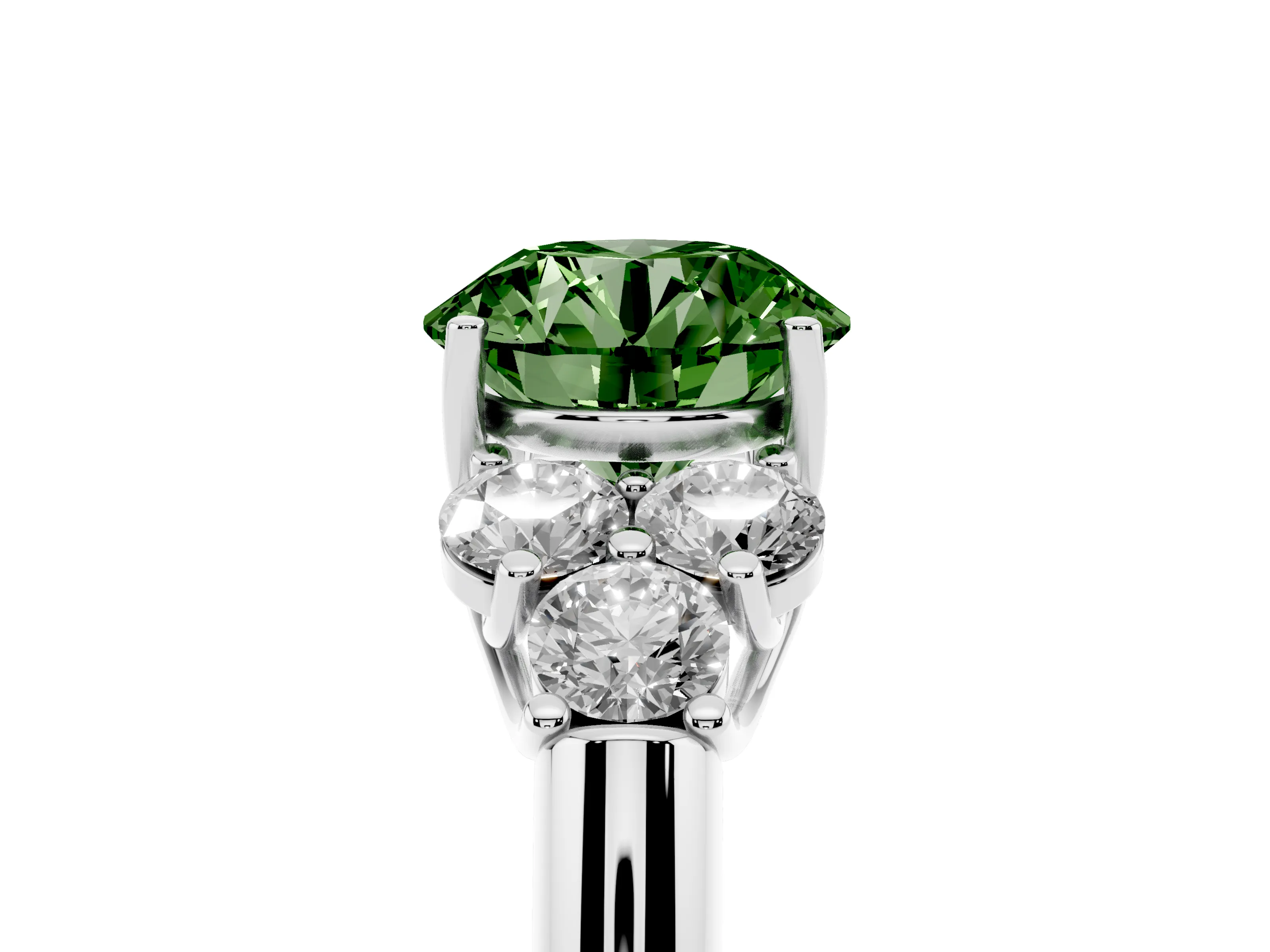Fancy Green Round Cut Diamond Cluster Ring Set in Platinum with Round Accent Stones and Prong Setting on a Plain Band