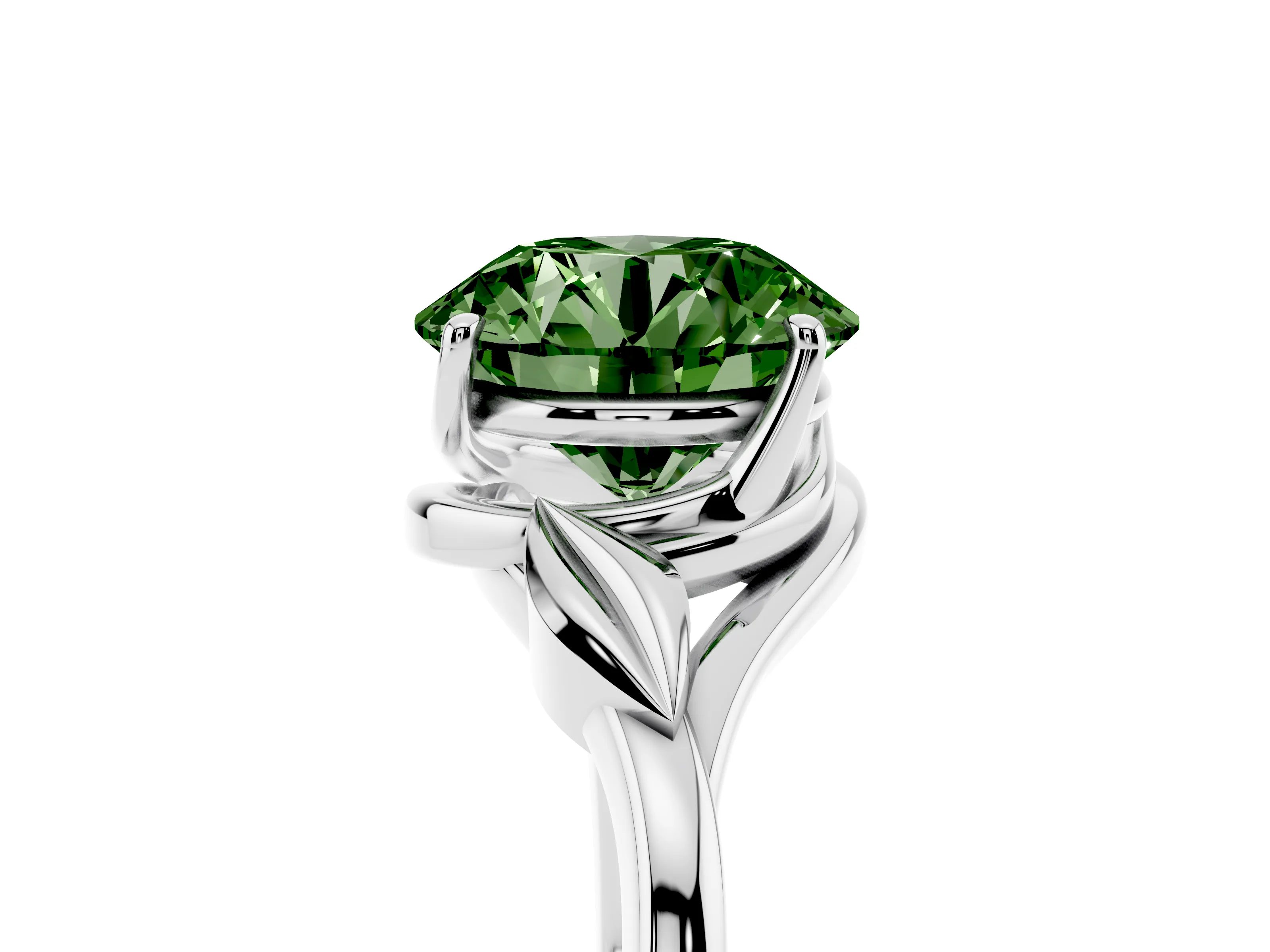 Fancy Green Round Cut Diamond Solitaire Ring Set in White gold with Polished Twist Band