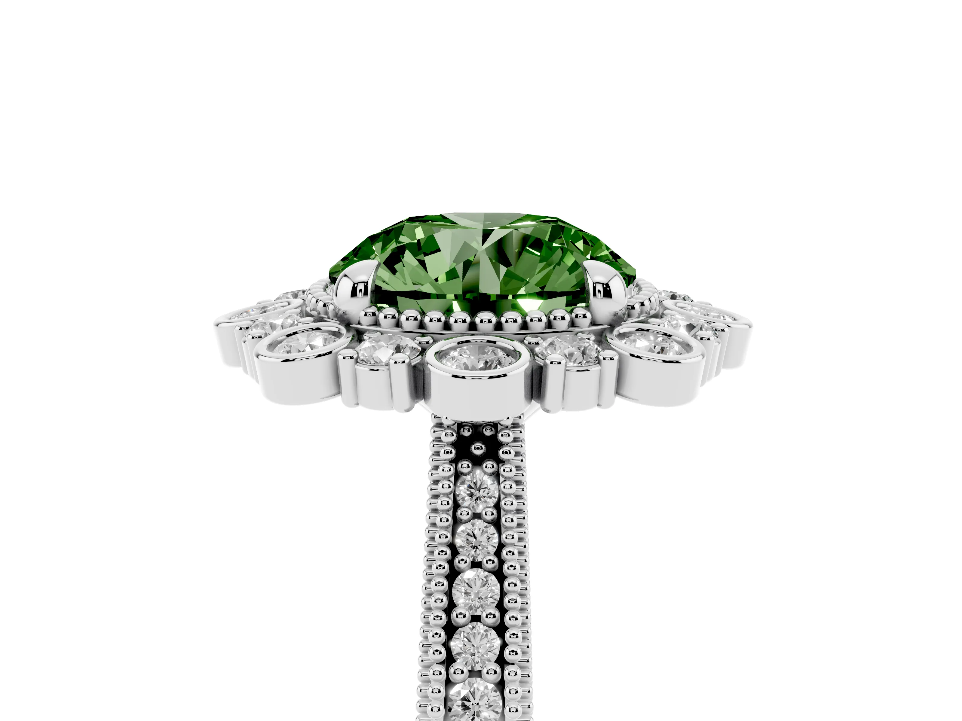 Fancy Green Round Cut Diamond Halo Milgrain Pavé Ring Set in White gold with Prong Setting