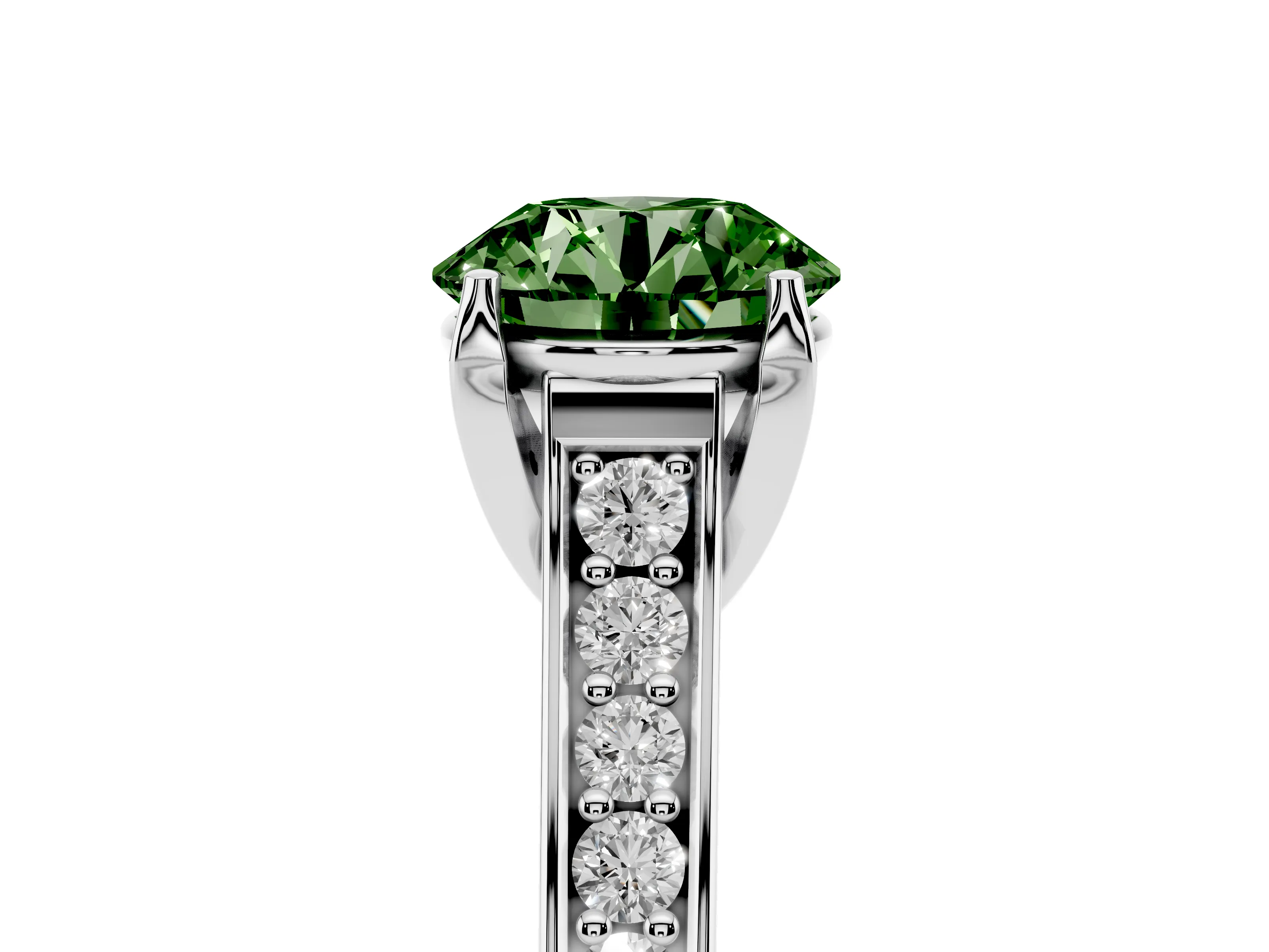 Fancy Green Round Cut Diamond Solitaire Pavé Engagement Ring Set in White gold with Prong Setting