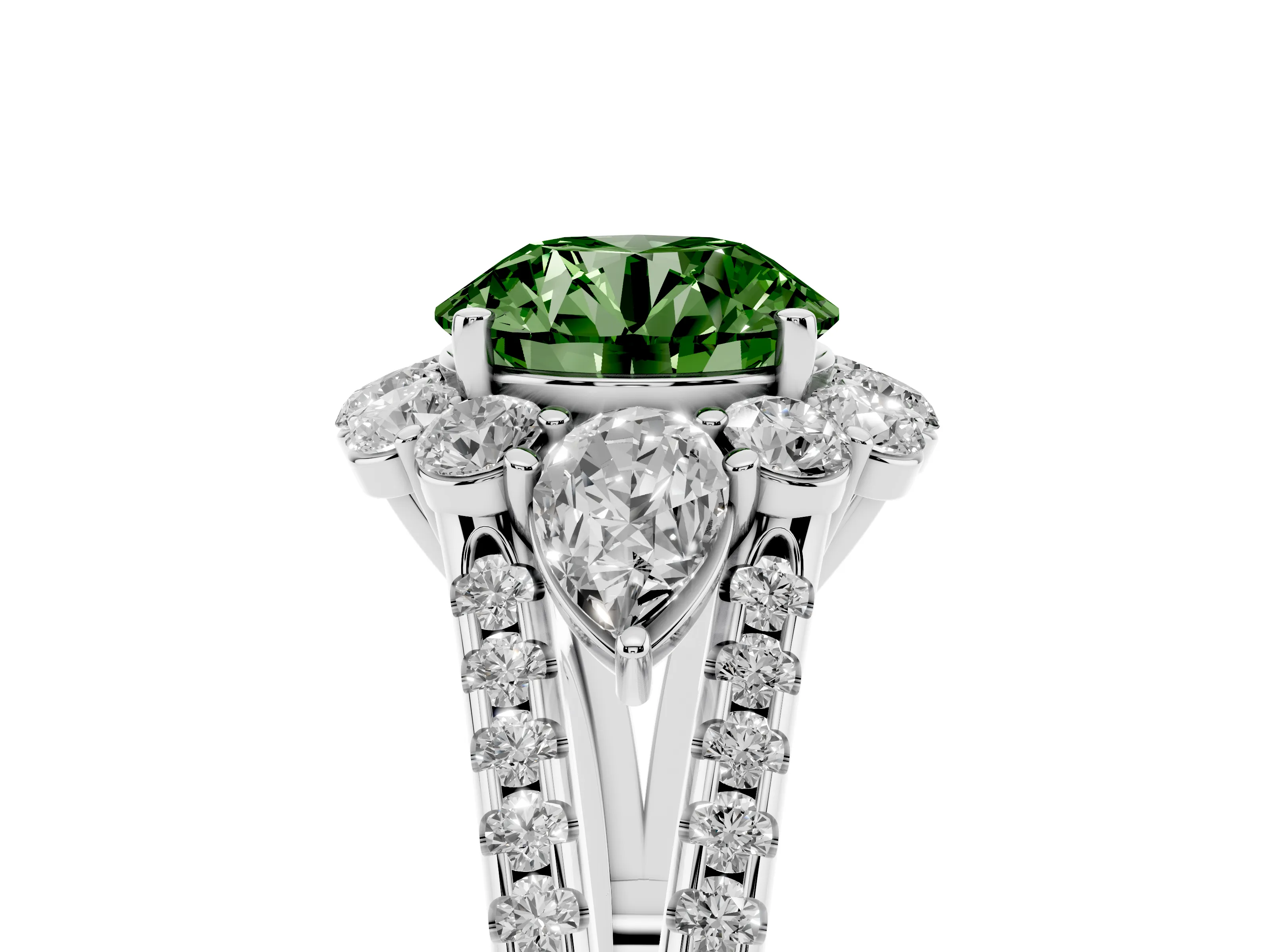 Fancy Green Round Cut Diamond Halo Split Shank Engagement Ring Set in Platinum with Prong-Held Center Stone