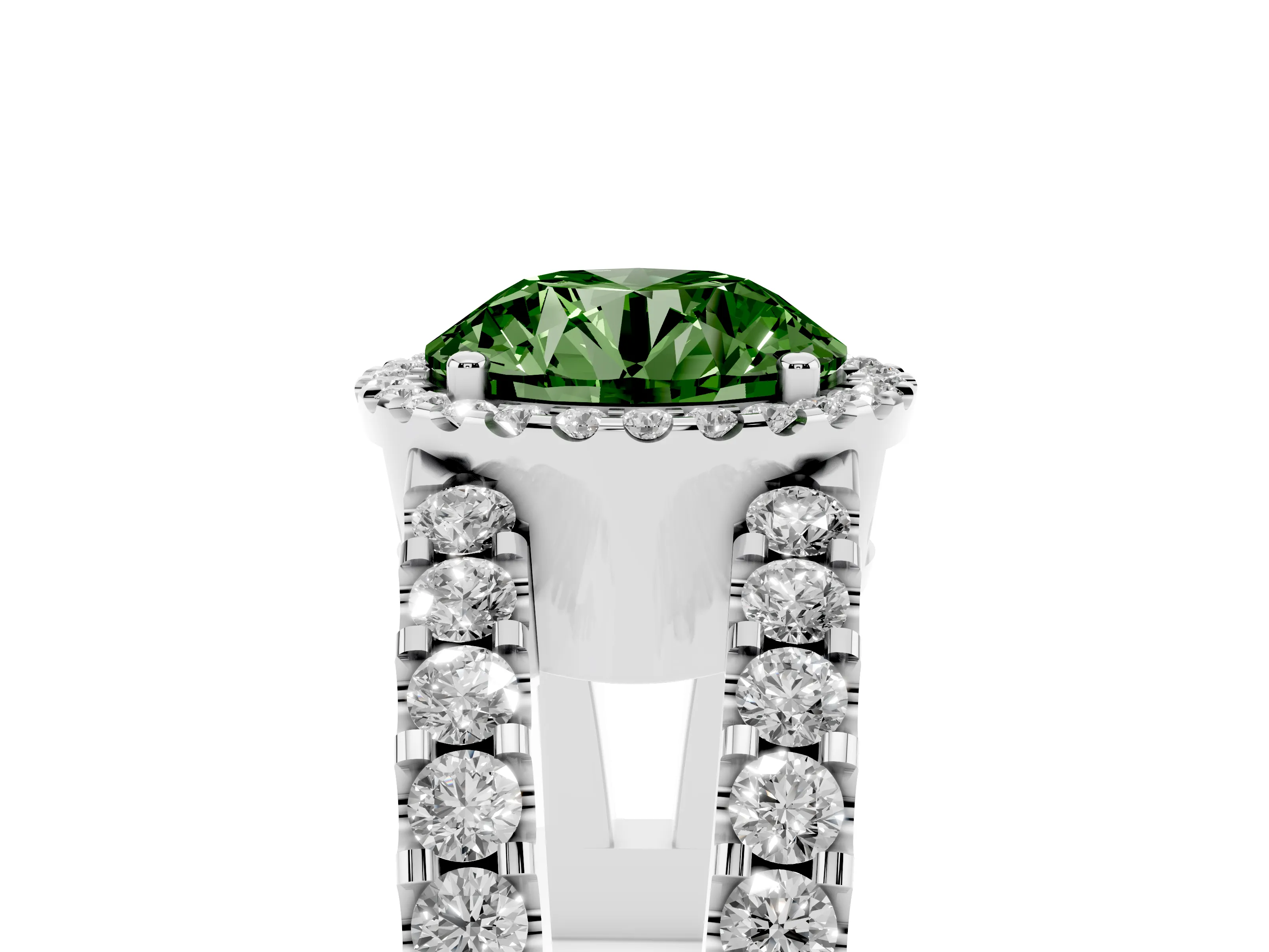 Fancy Green Round Cut Diamond Halo Ring Set in Silver with Pavé Split Shank and Prong Setting