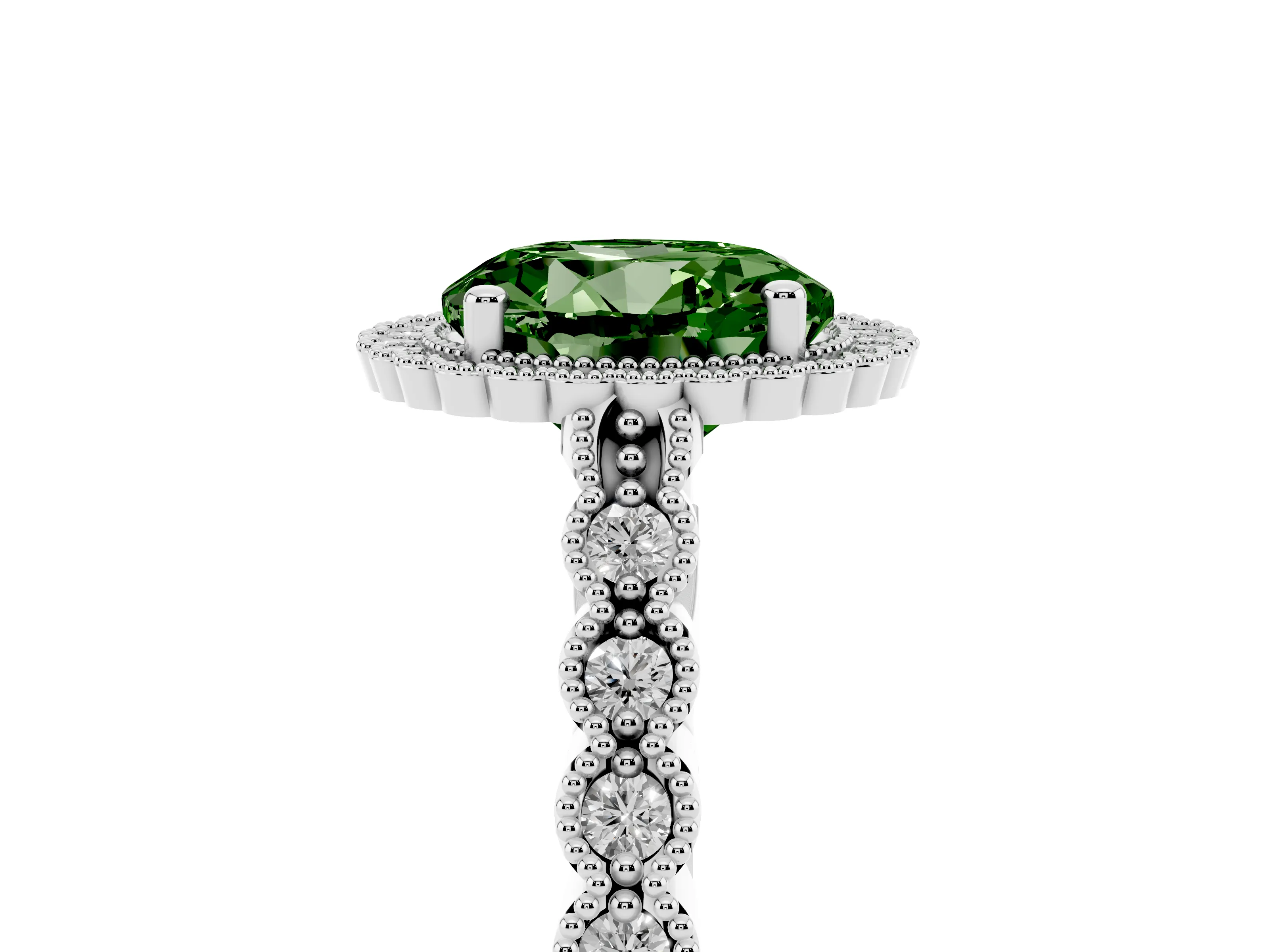 Fancy Green Round Cut Diamond Halo Ring Set in Platinum with Pavé Milgrain Band