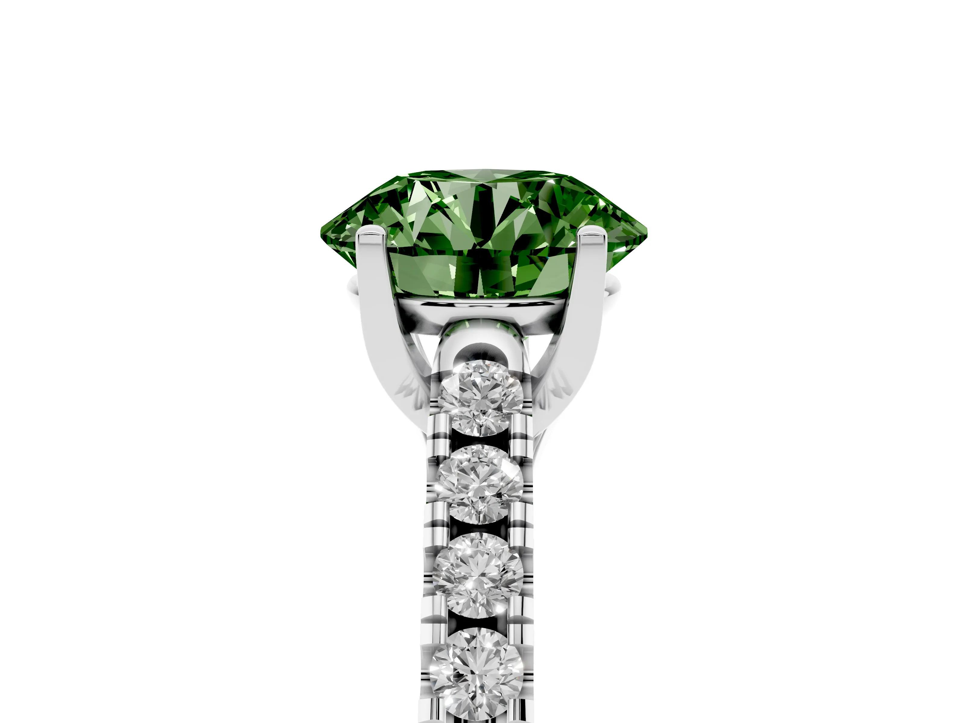 Fancy Green Round Cut Diamond Pavé Band Solitaire Ring Set in Platinum with Partway Accent Stones and Prong Setting