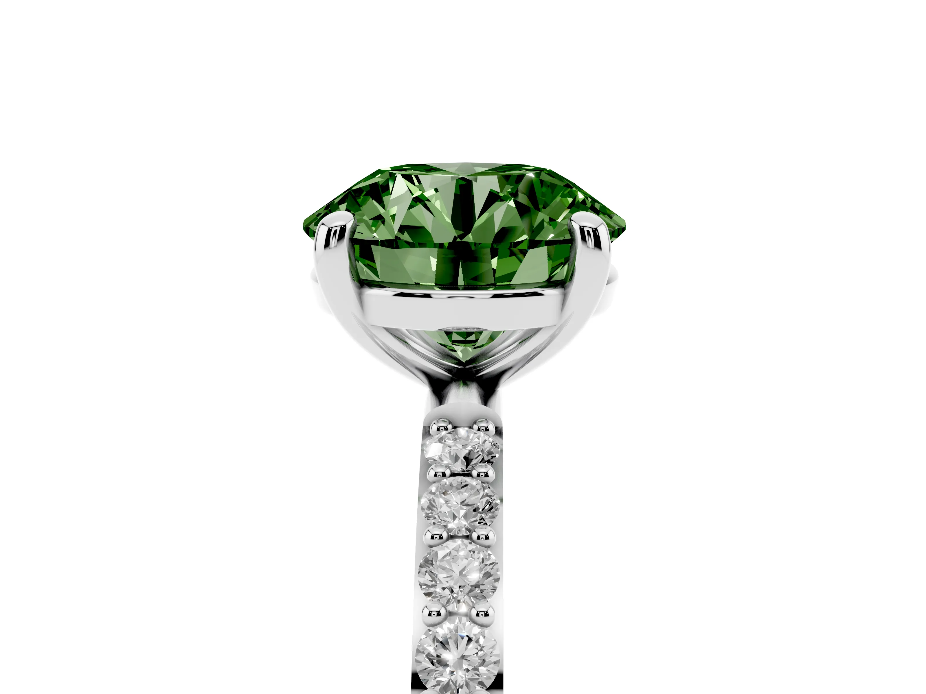 Fancy Green Round Cut Diamond Solitaire Ring Set in Platinum with Round Pavé Band and Prong Setting