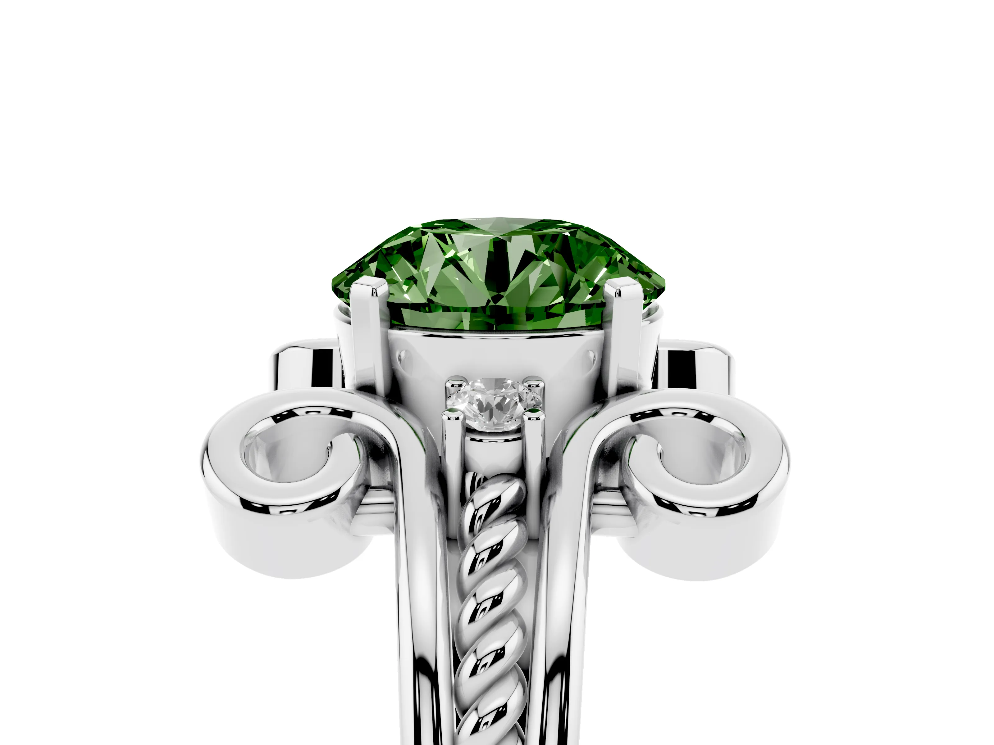 Fancy Green Round Cut Diamond Twisted Band Solitaire Ring Set in Platinum with Scroll Prongs